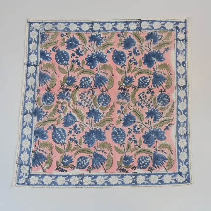 Light Pink & Blue Block Print Bandana Square Scarf