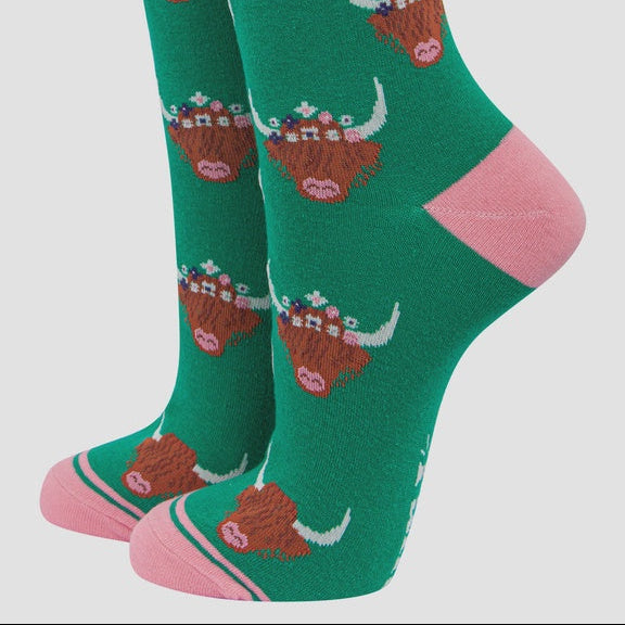 Sock Talk Green Floral Highland Cow Bamboo Socks - Precious Sparkle