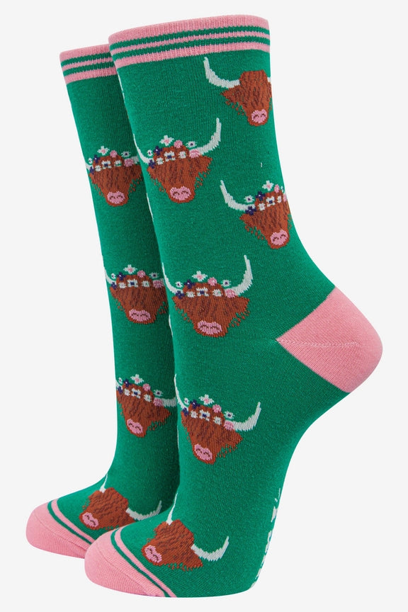 Sock Talk Green Floral Highland Cow Bamboo Socks - Precious Sparkle