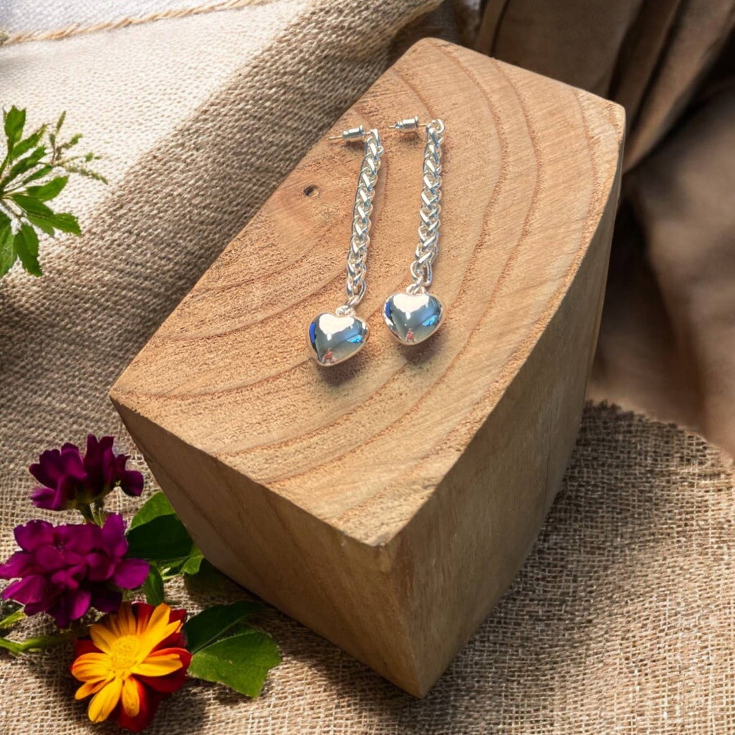 Long Drop Heart Silver Earrings