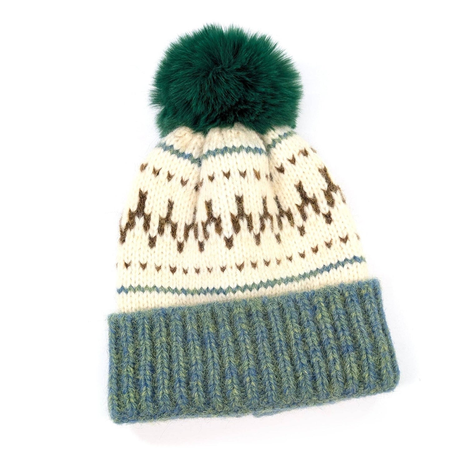 Fair Isle Pattern Pom Pom Hat Green