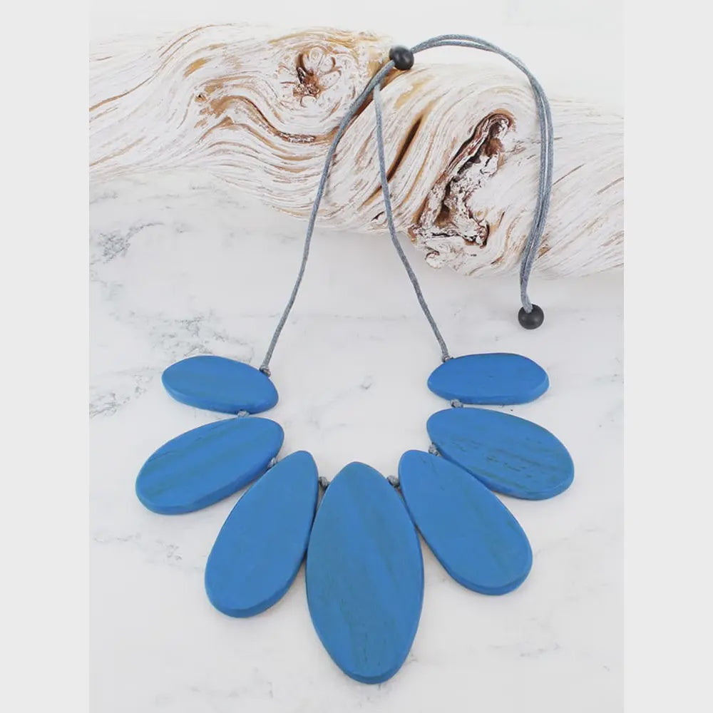 Suzie Blue Wooden Oval Fan Necklace Blue - Precious Sparkle