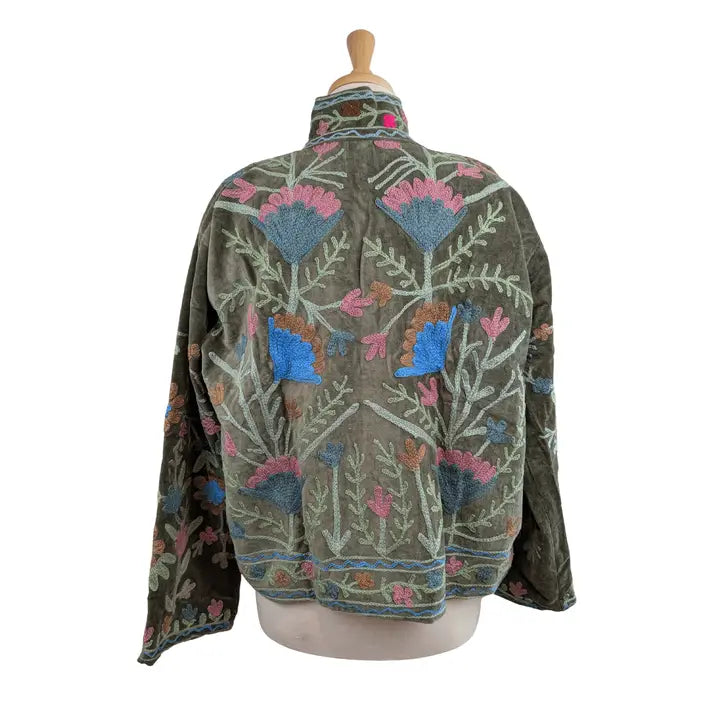 Green & Lilac Velvet Suzani Kimono Embroidered Boho Jacket