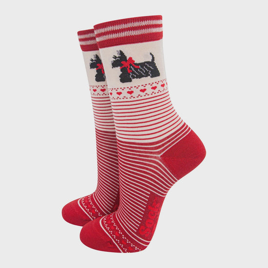 Sock Talk Women's Bamboo Socks Cream/Red, Scottish Terriers Stripes