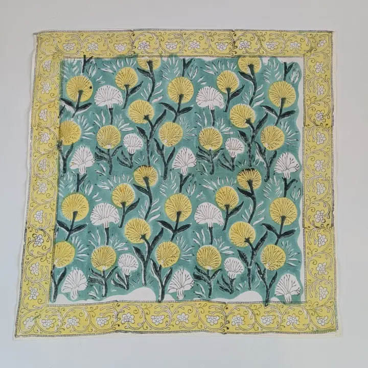 Green & Yellow Block Print Bandana Square Scarf