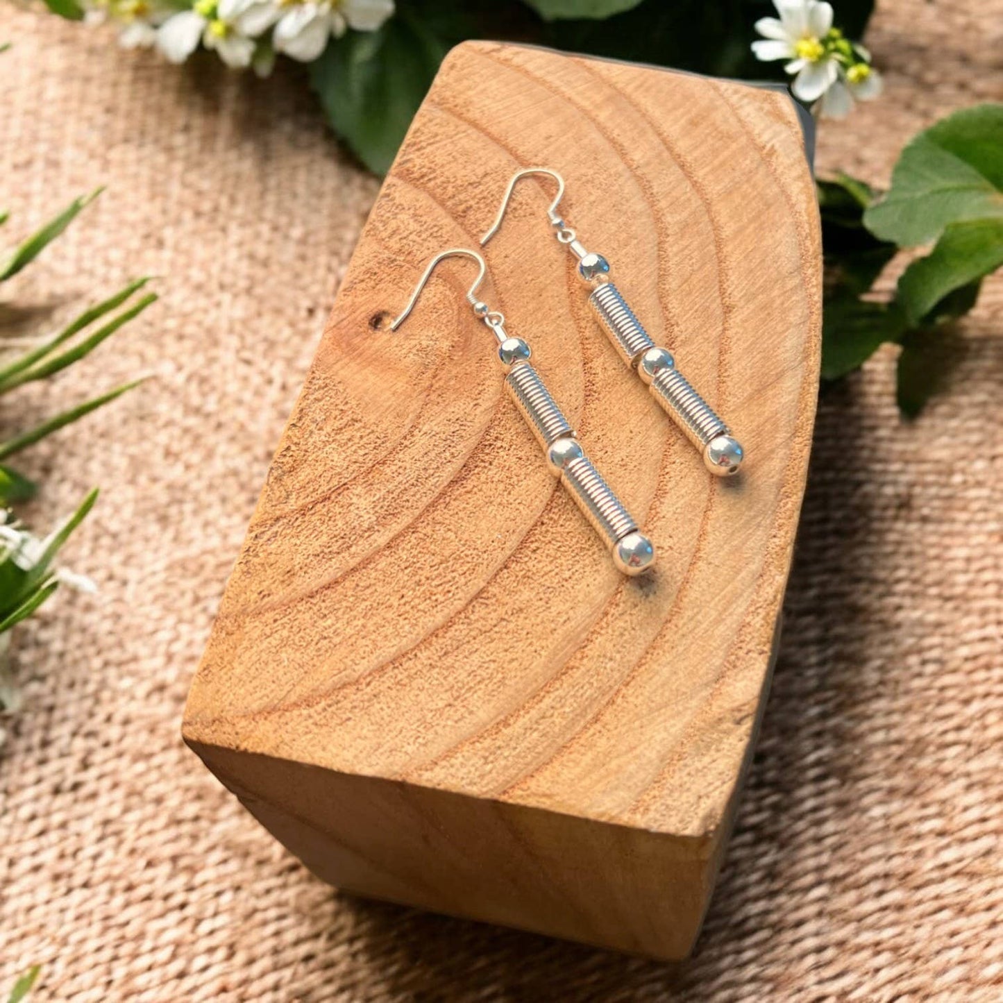 Silver Coil Bead Drop Earrings