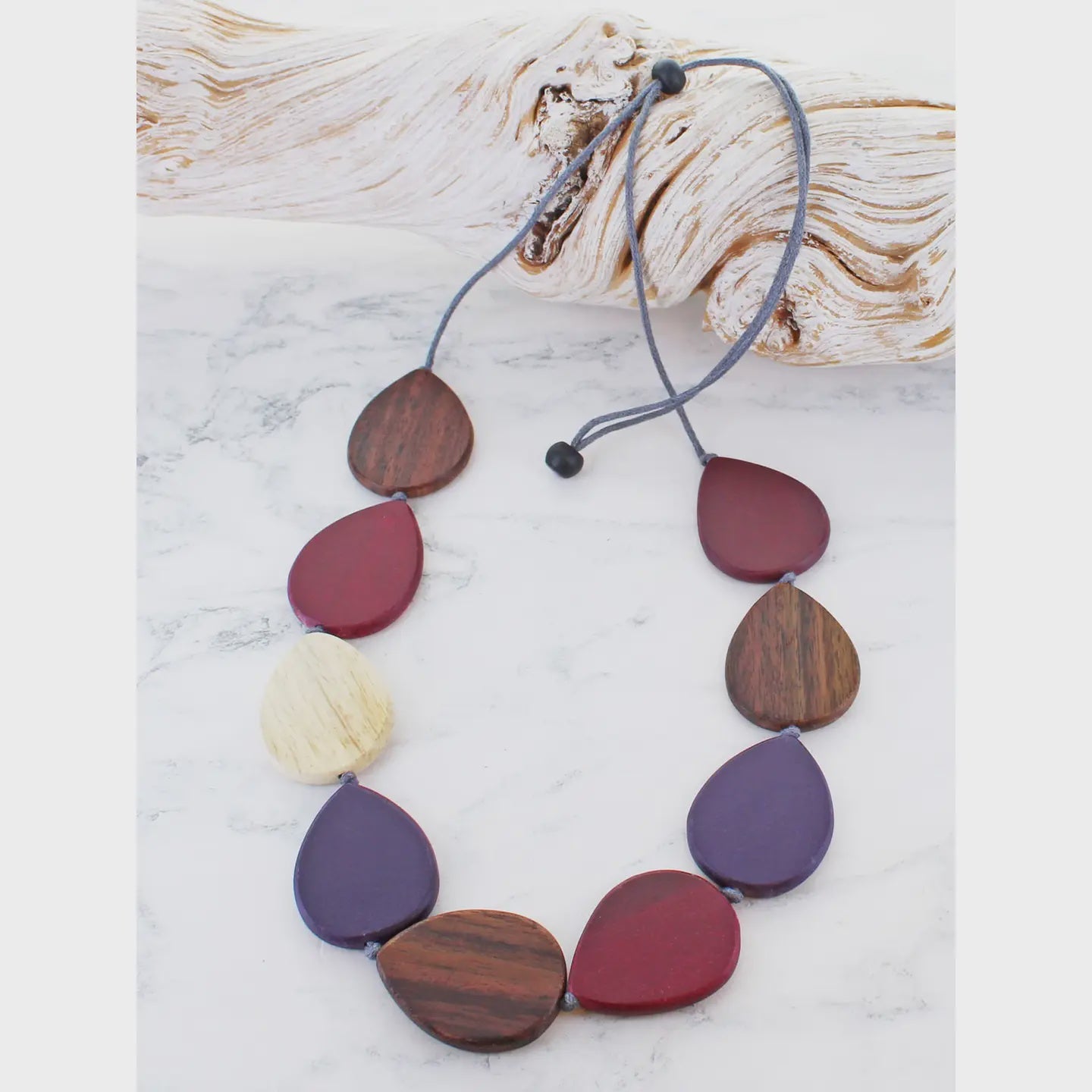 Suzie Blue Wooden Teardrop Necklace Purple - Precious Sparkle