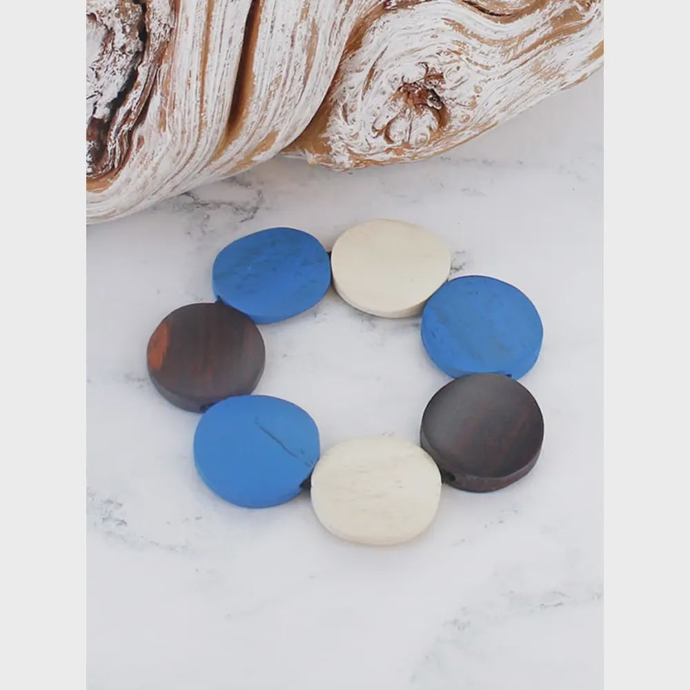 Suzie Blue Elasticated Wooden Disc Bracelet Blue - Precious Sparkle