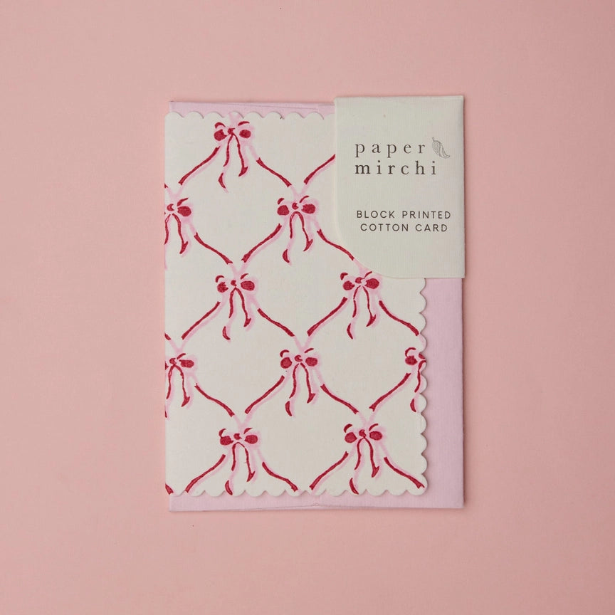 Paper Mirchi Hand Block Printed Greeting Card Gc Bows Pink Sorbet - Precious Sparkle