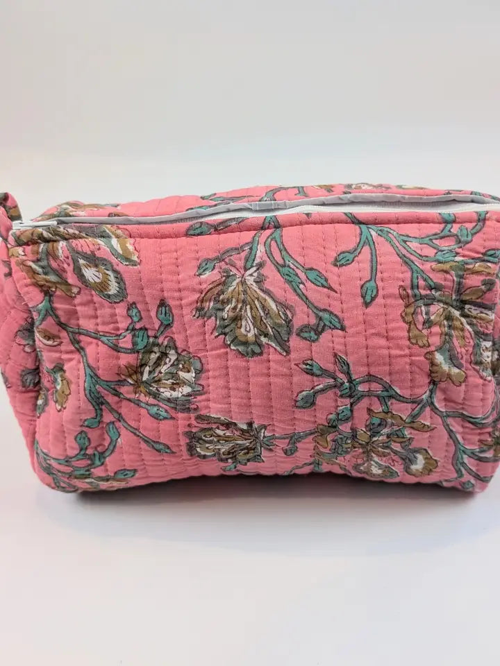 Pink Floral Block Print Quilted Large Washbag - Precious Sparkle