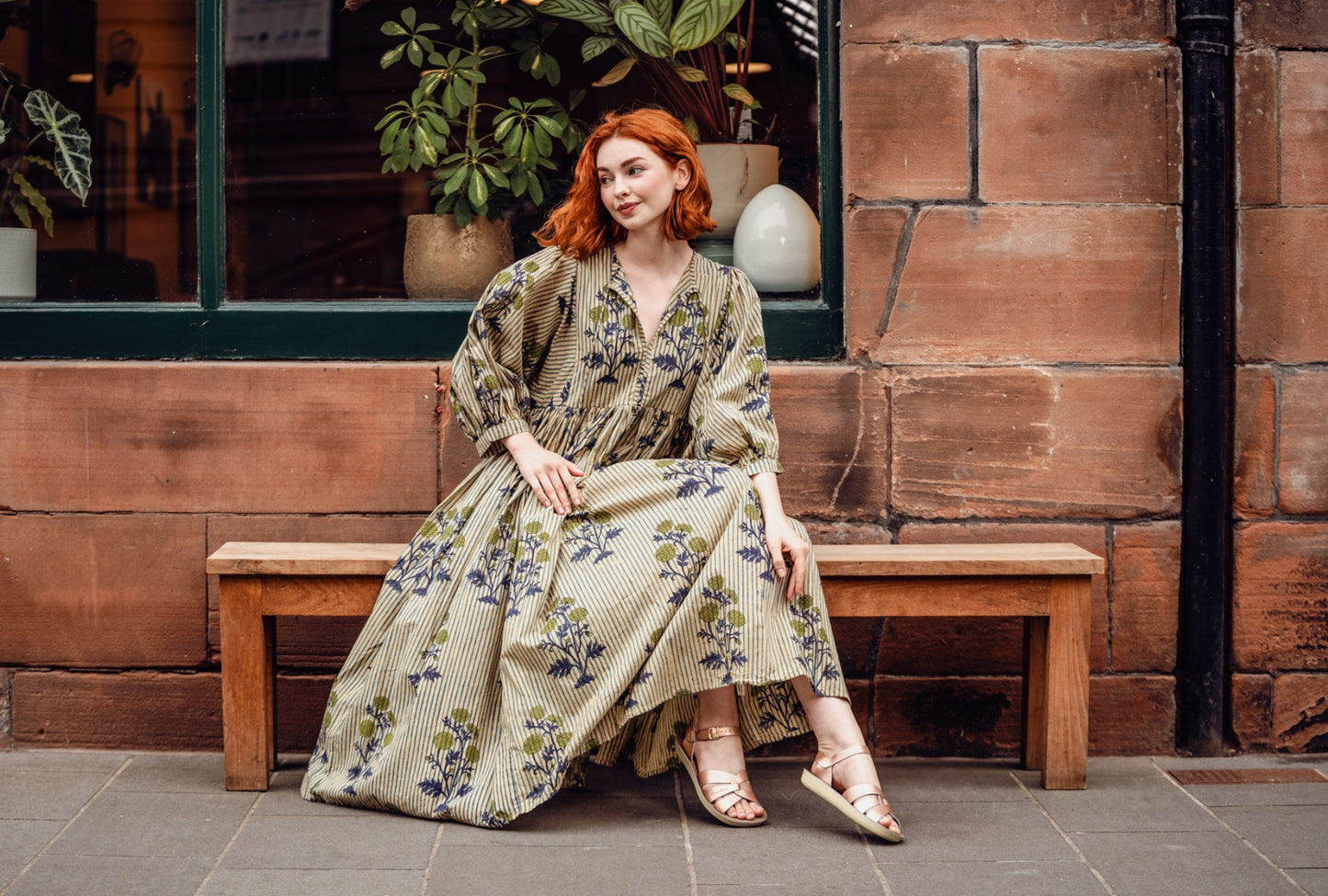 Twinflower Roberta Dress in Blue Floral Stripe