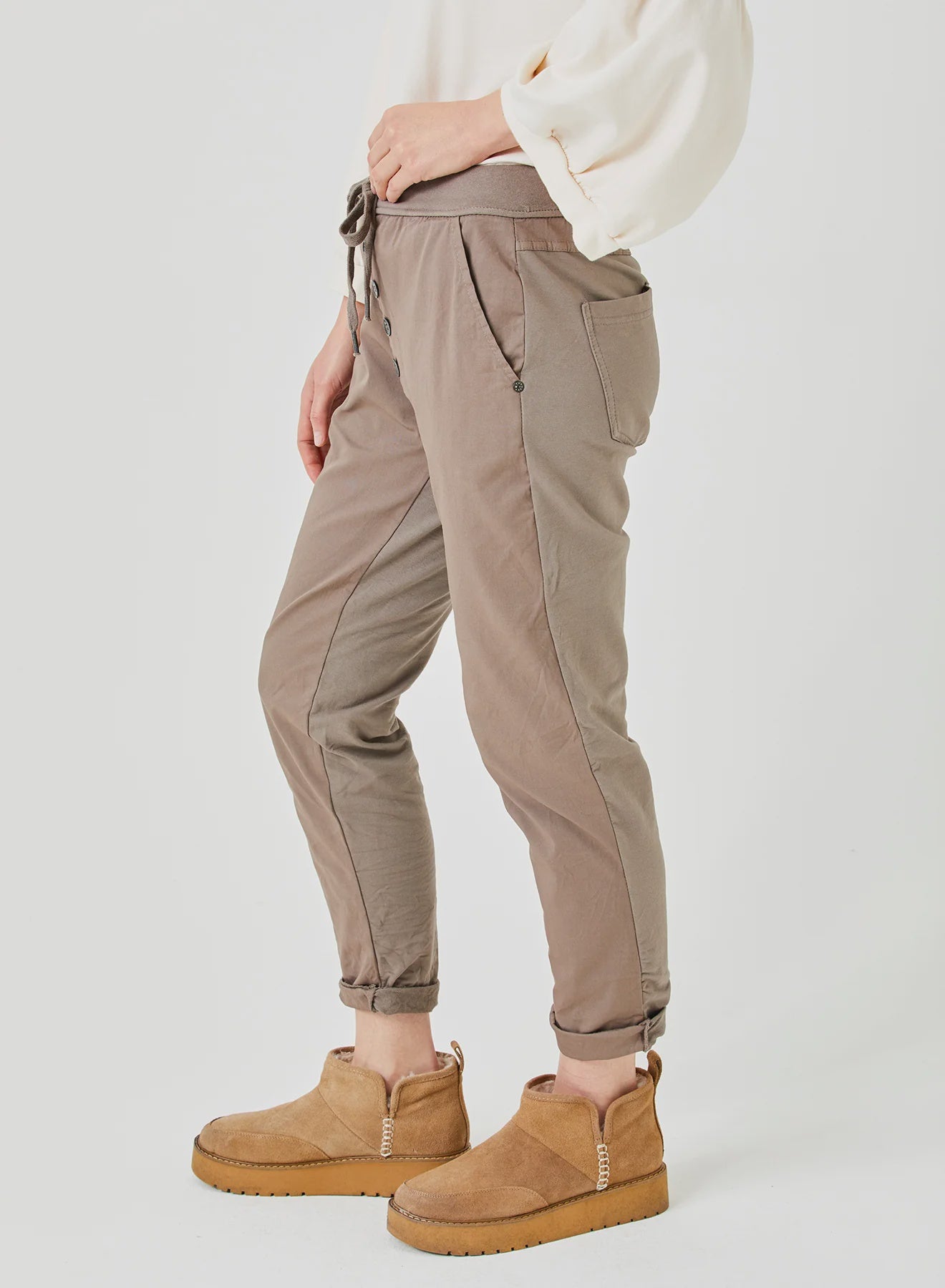 Suzy D London Becca Button Joggers Dark Taupe - Precious Sparkle