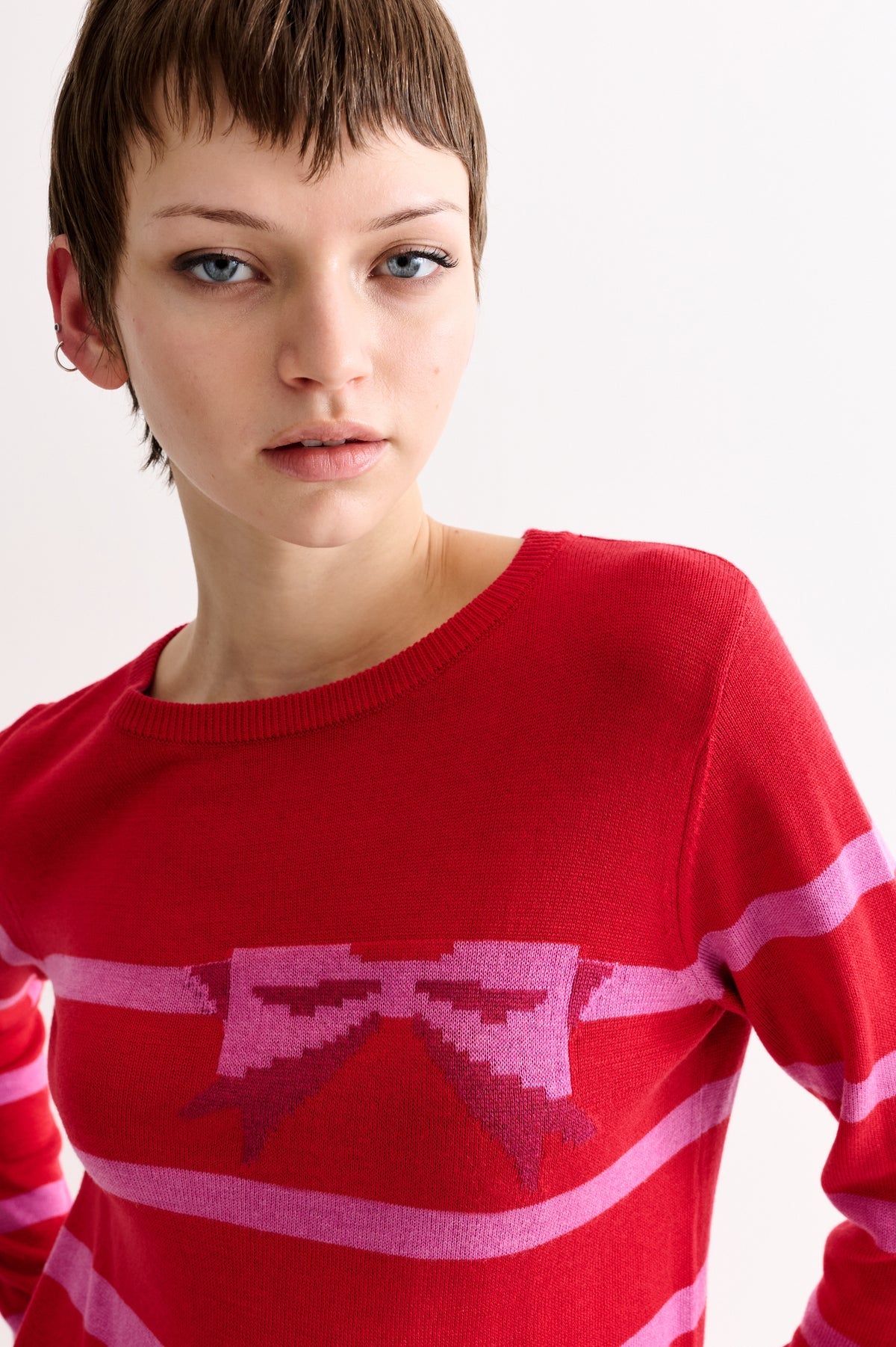 Louche Bly Bow Intarsia Striped Jumper Red
