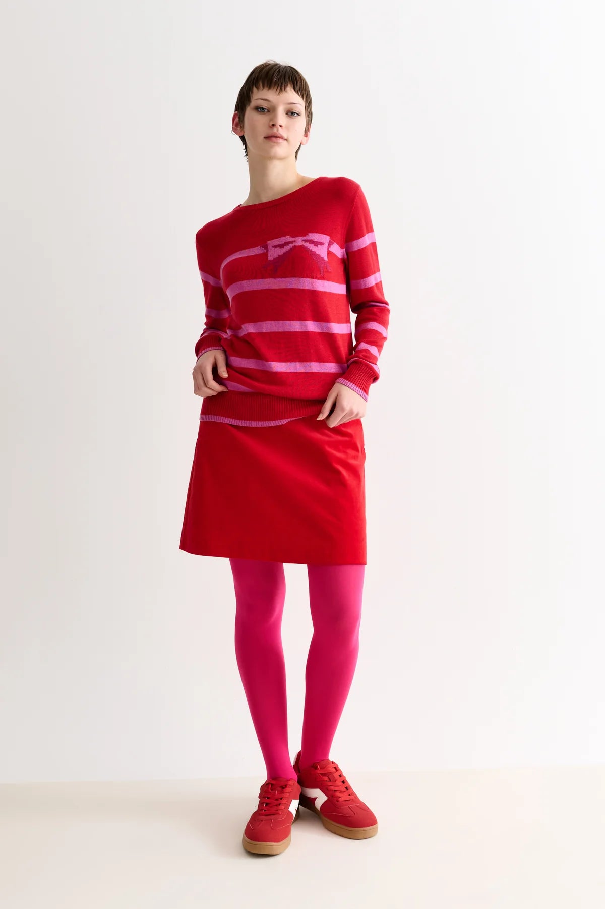 Louche Bly Bow Intarsia Striped Jumper Red