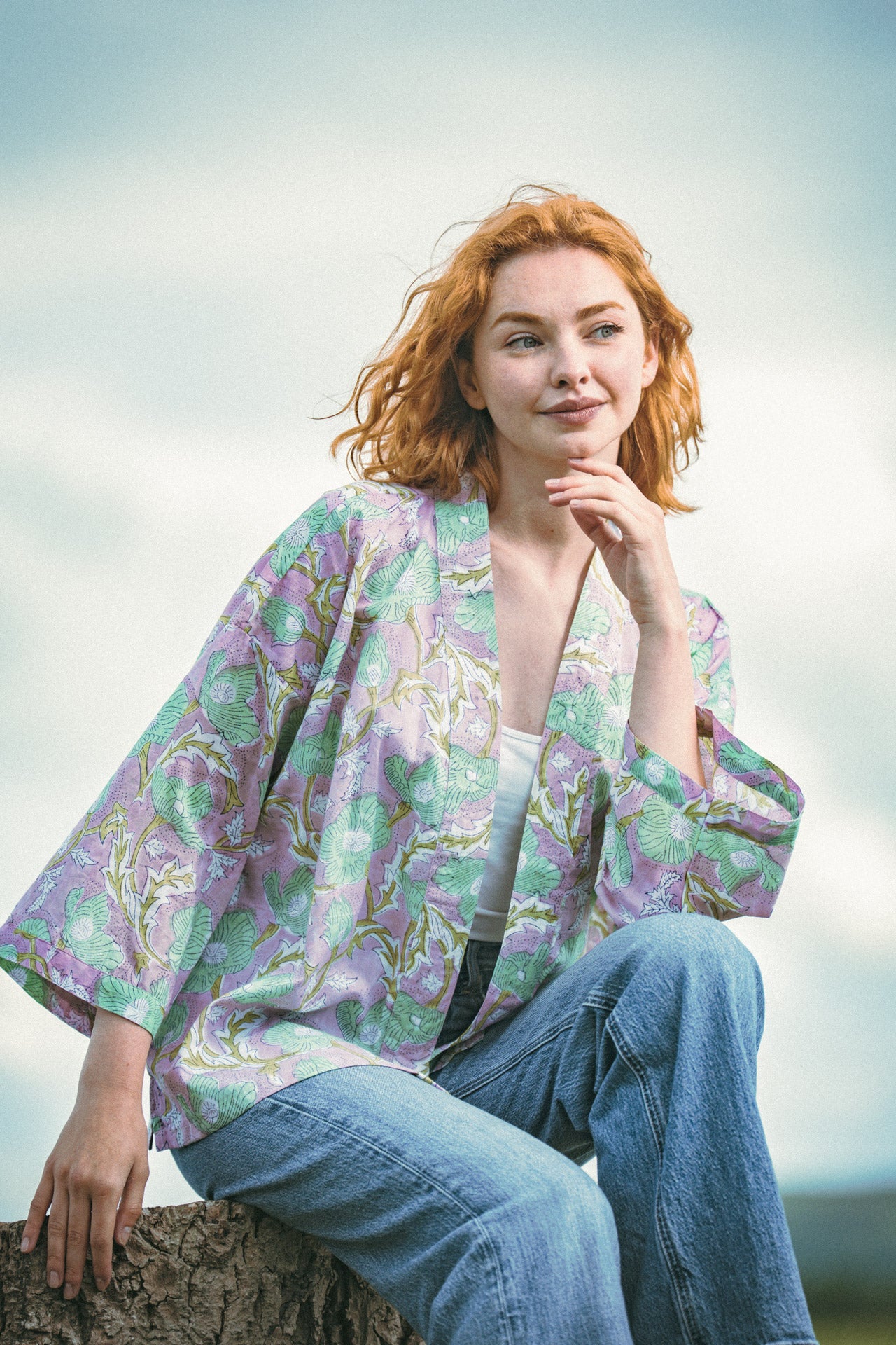 Lilac & Green Floral Cotton Kimono Jacket Indian Block Print - Precious Sparkle
