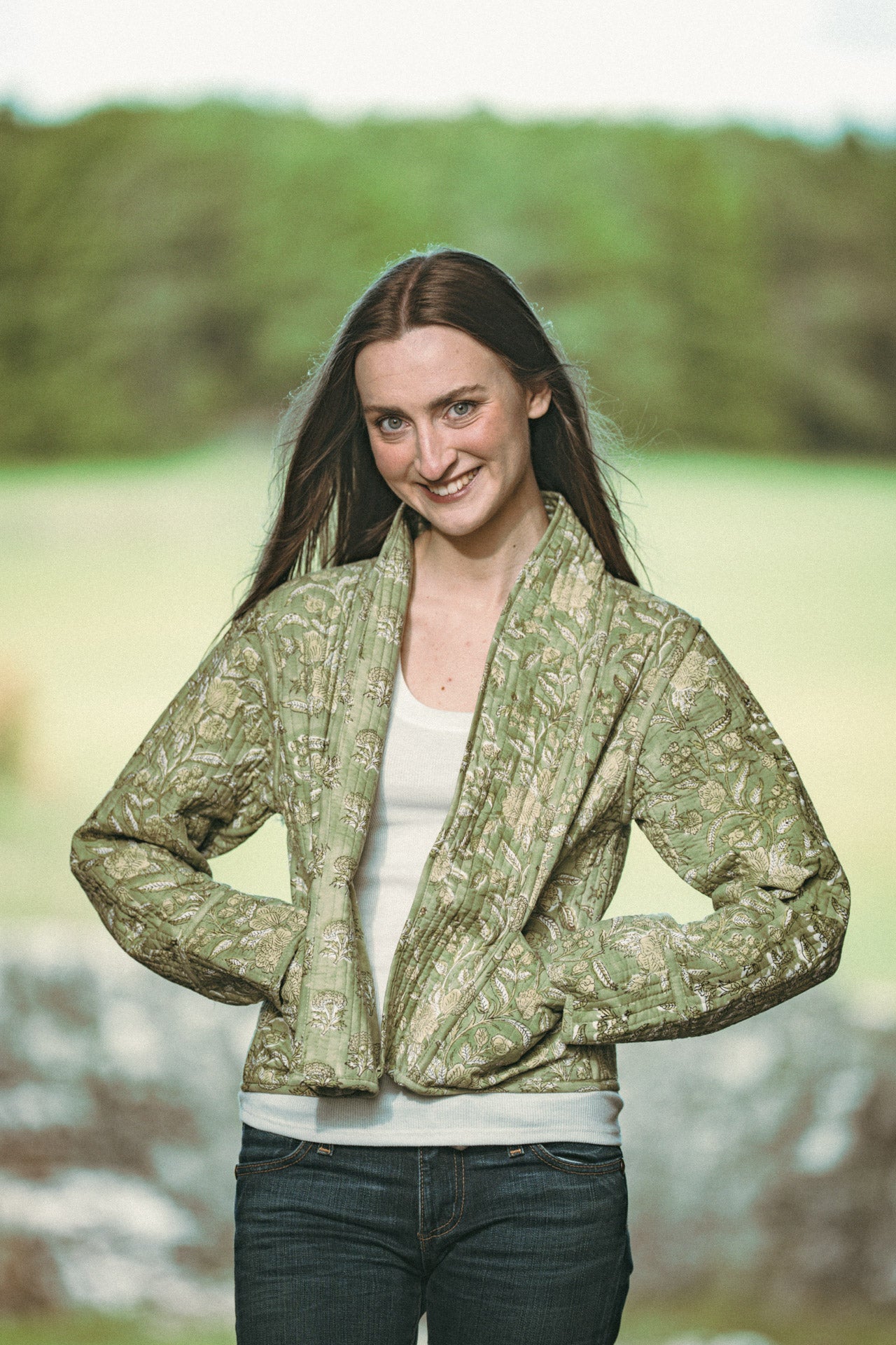 Twinflower Reversible Quilted Kimono Jacket Green Floral Block Print - Precious Sparkle