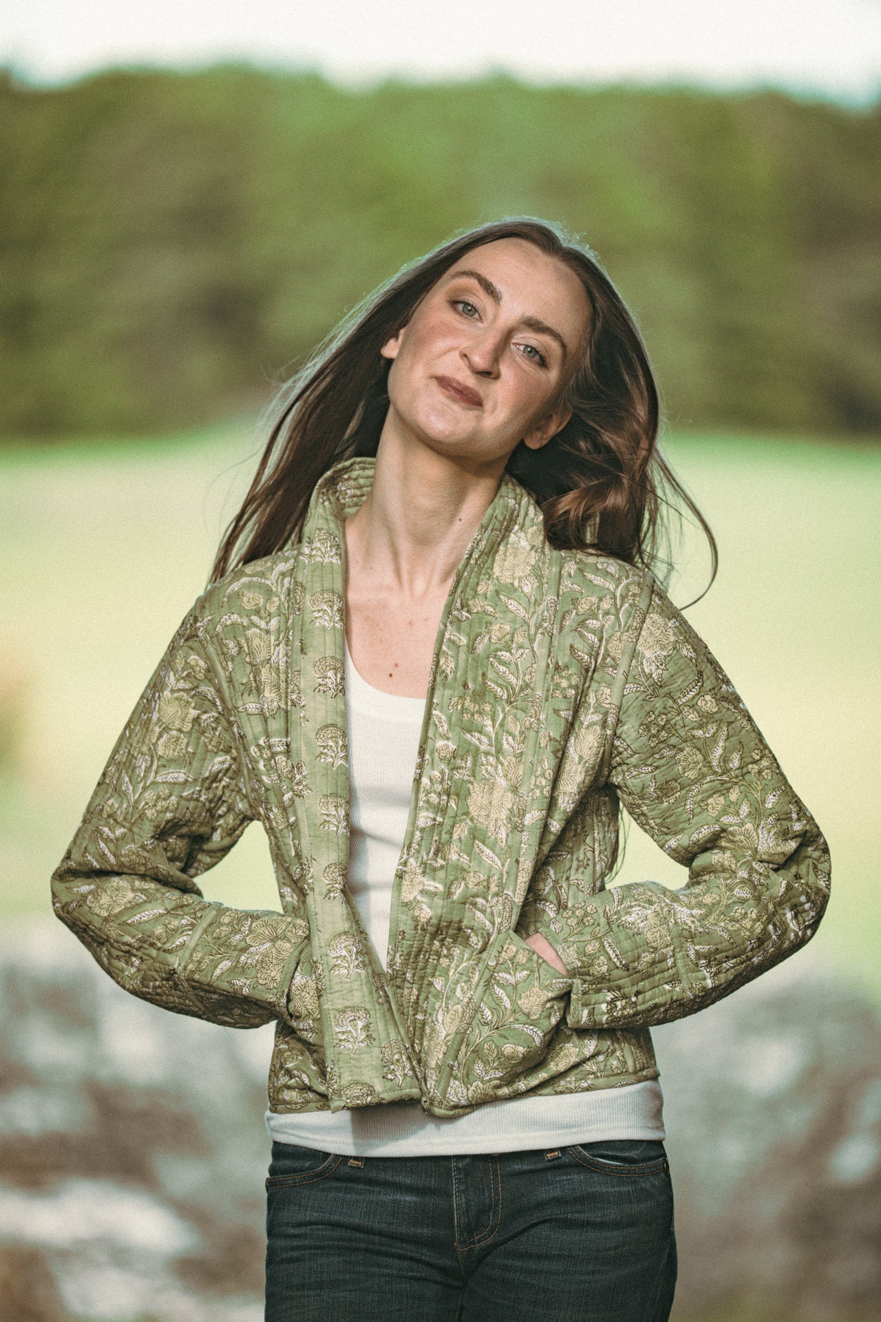 Twinflower Reversible Quilted Kimono Jacket Green Floral Block Print - Precious Sparkle