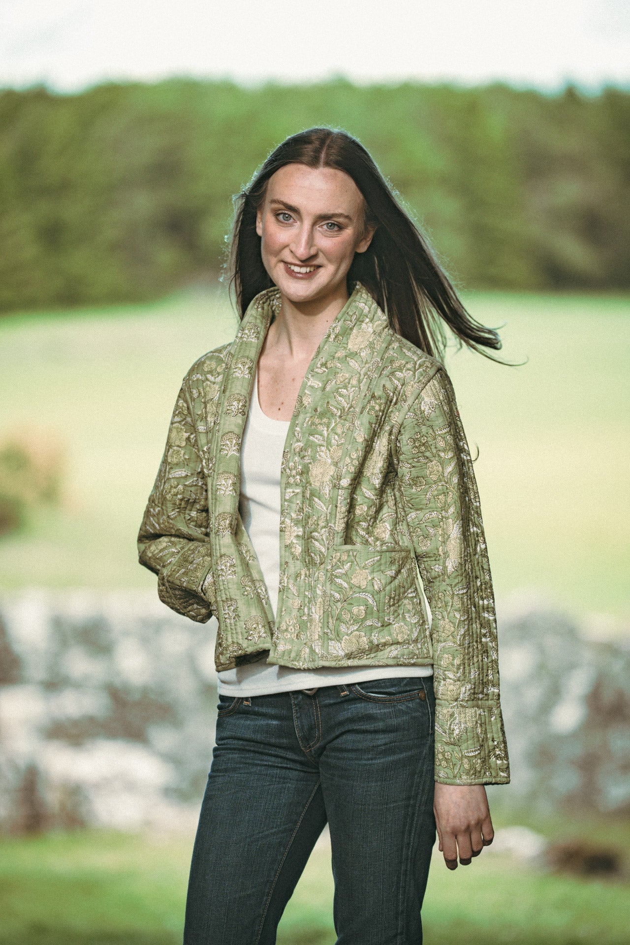 Twinflower Reversible Quilted Kimono Jacket Green Floral Block Print - Precious Sparkle