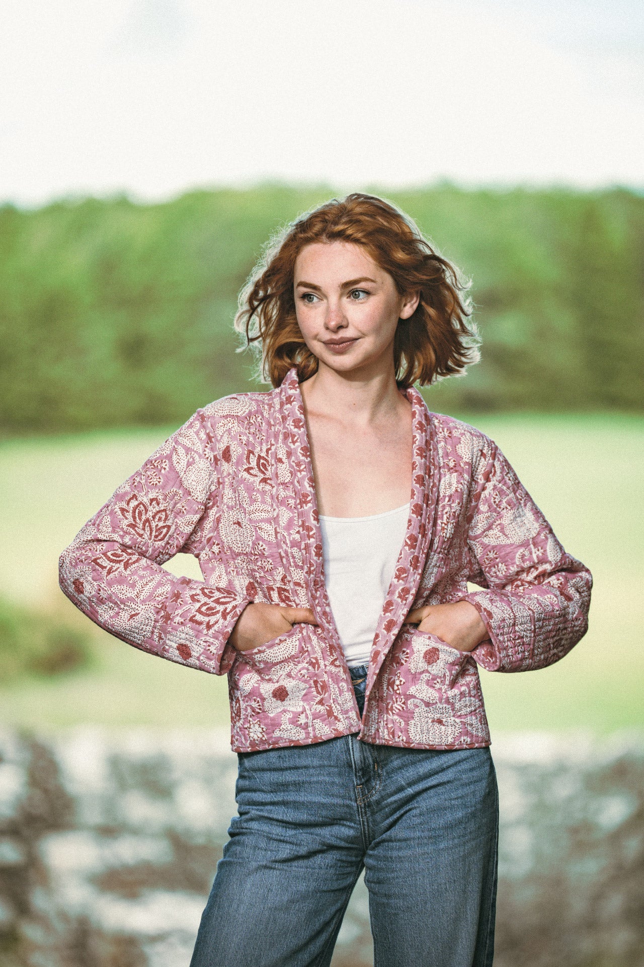 Twinflower Reversible Quilted Kimono Jacket in Pink Floral Block Print - Precious Sparkle