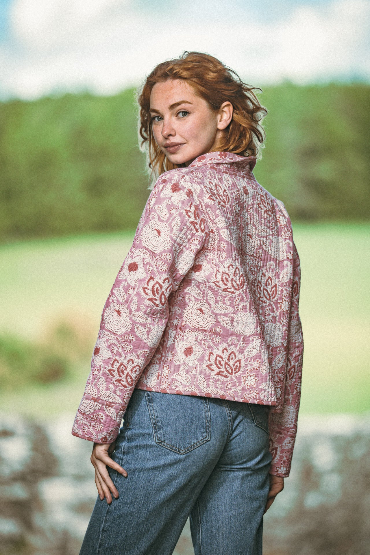 Twinflower Reversible Quilted Kimono Jacket in Pink Floral Block Print - Precious Sparkle