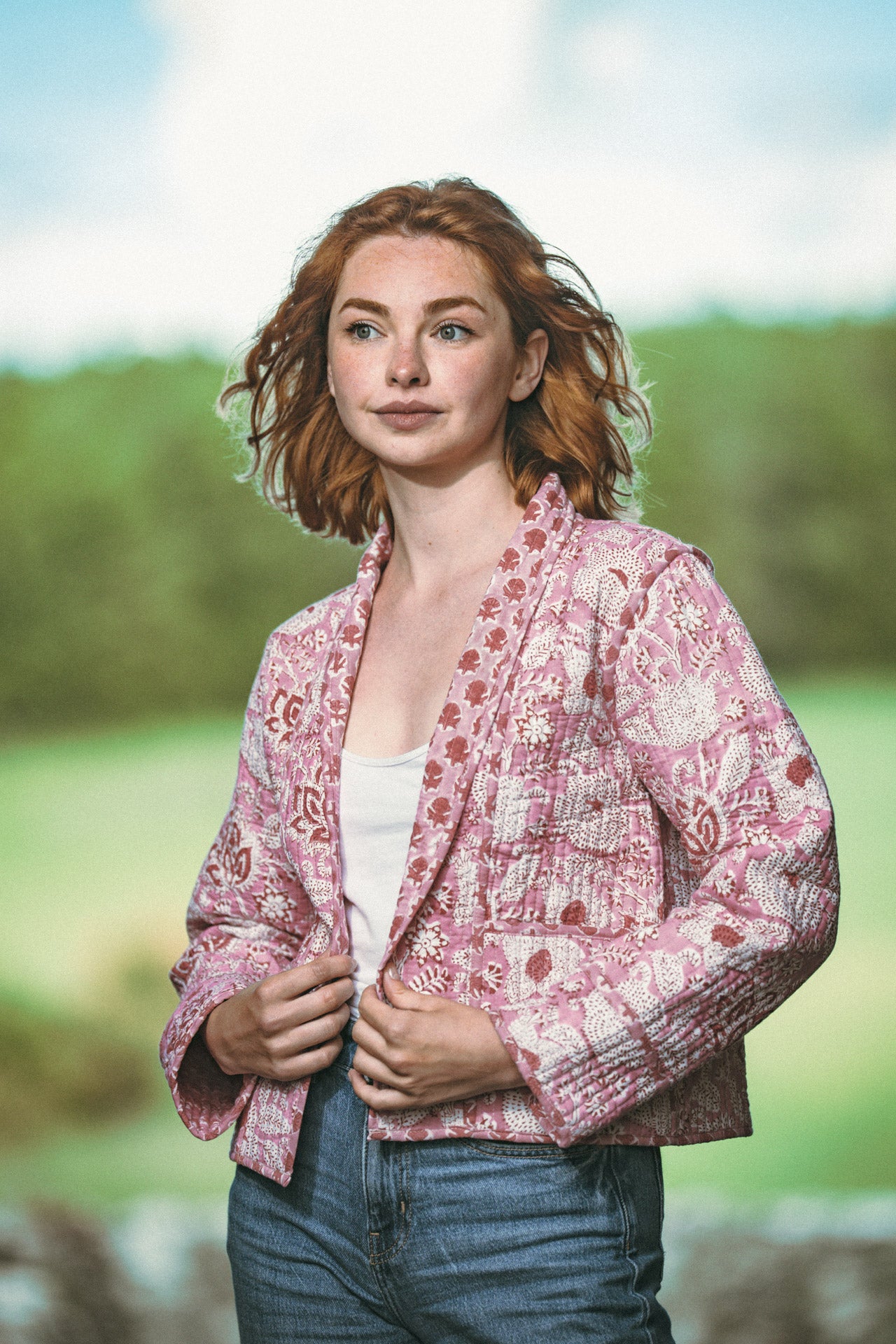 Twinflower Reversible Quilted Kimono Jacket in Pink Floral Block Print - Precious Sparkle