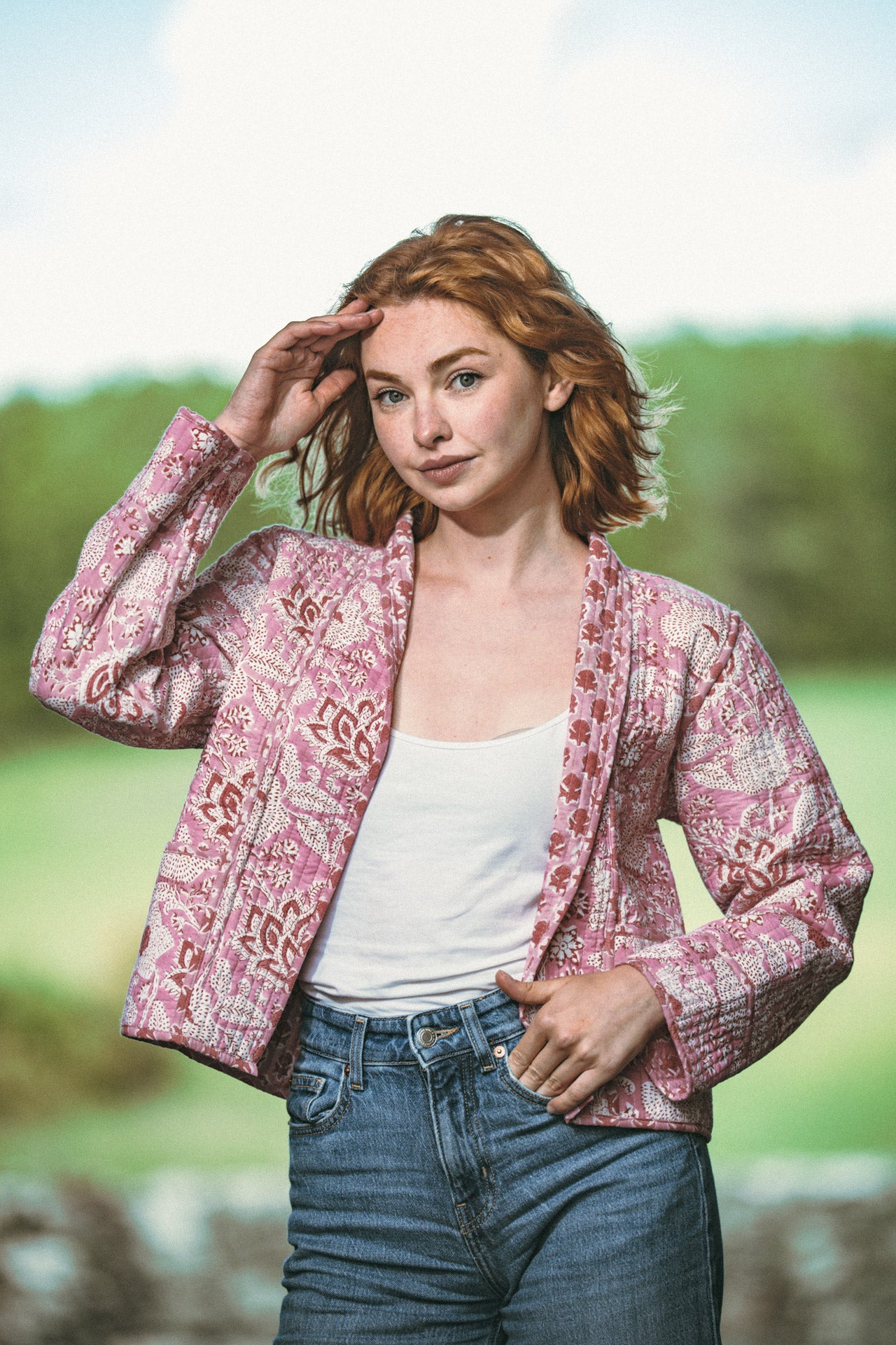 Twinflower Reversible Quilted Kimono Jacket in Pink Floral Block Print - Precious Sparkle