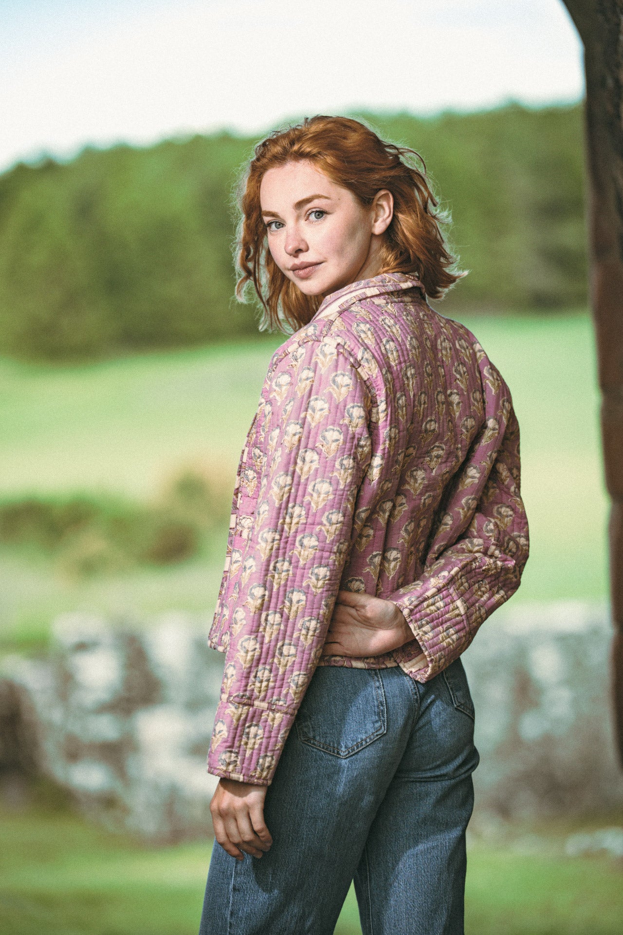 Twinflower Reversible Quilted Kimono Jacket Violet Floral Block Print - Precious Sparkle