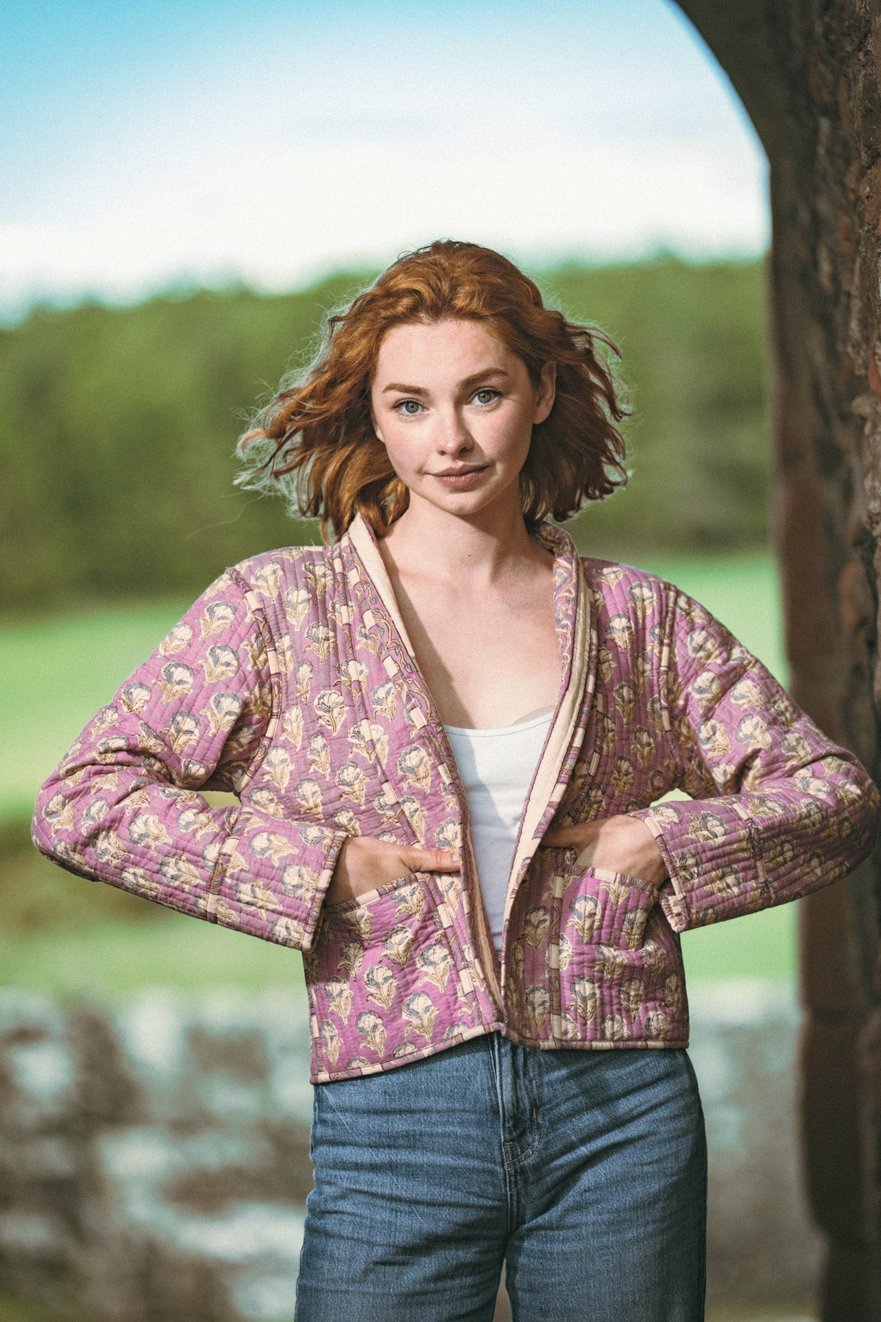 Twinflower Reversible Quilted Kimono Jacket Violet Floral Block Print - Precious Sparkle