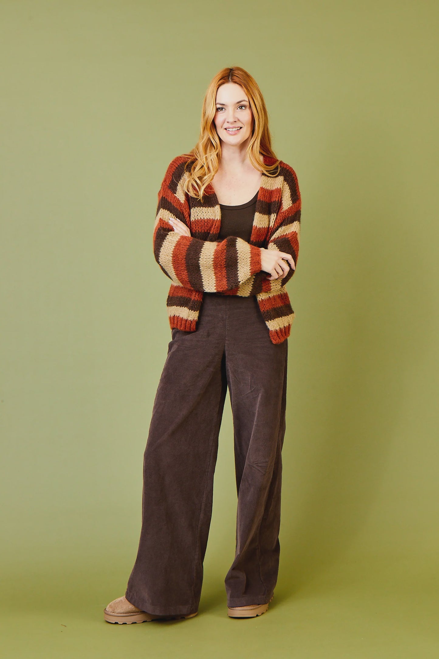 Suzy D London Felicity Stripe Bubble Shape Open Knit Cardigan Rust
