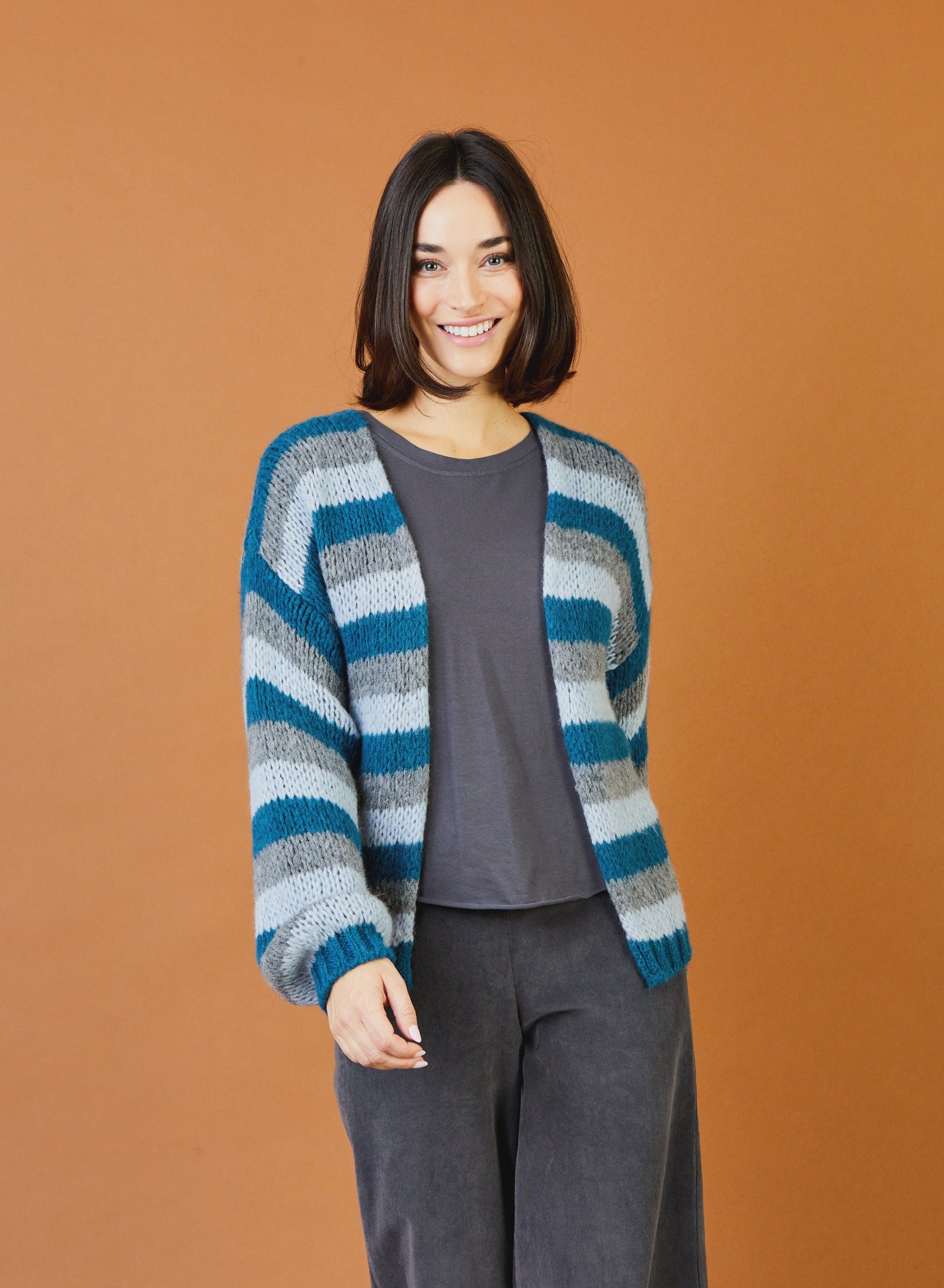 Suzy D London Felicity Stripe Bubble Shape Open Knit Cardigan Teal
