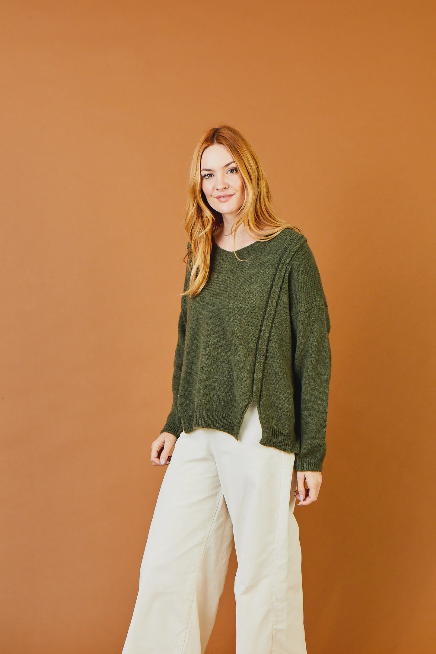 Suzy D London Fiona V Neck Knit Sweater With Raw Seam Detailing