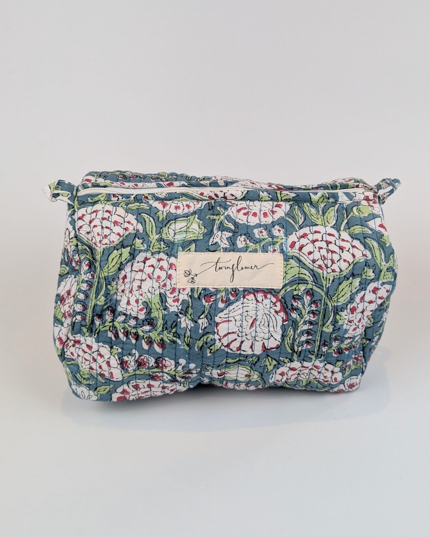 Twinflower Teal Floral Block Print Quilted Large Washbag