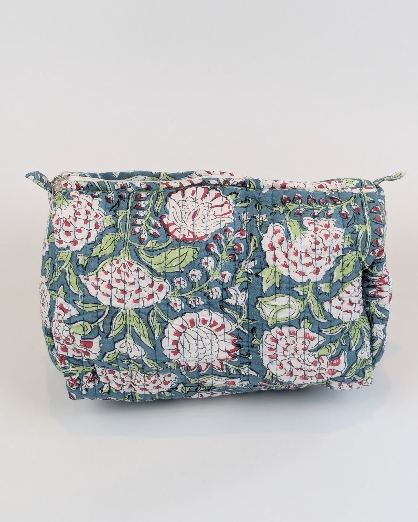 Twinflower Teal Floral Block Print Quilted Large Washbag - Precious Sparkle