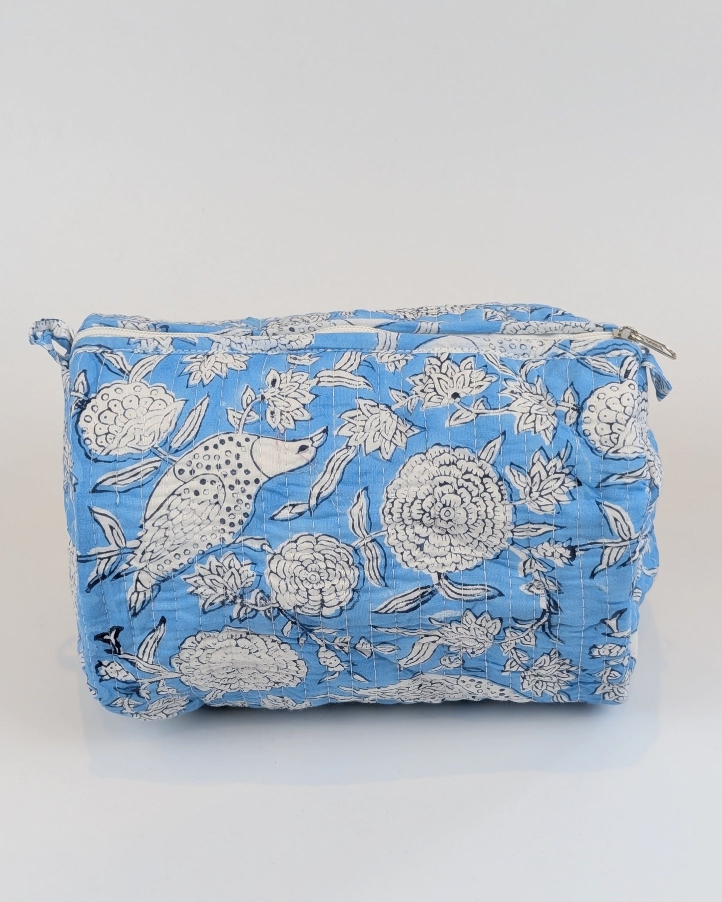 Twinflower Sky Blue Floral Block Print Quilted Large Washbag - Precious Sparkle