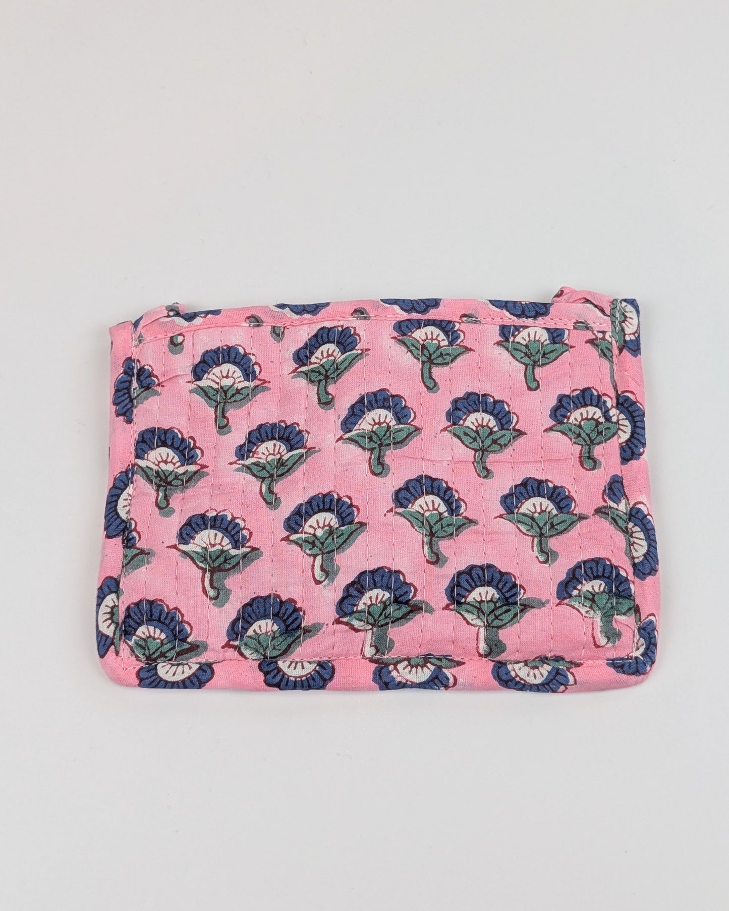 Twinflower Pink Floral Block Print Quilted Small Pouch Purse - Precious Sparkle