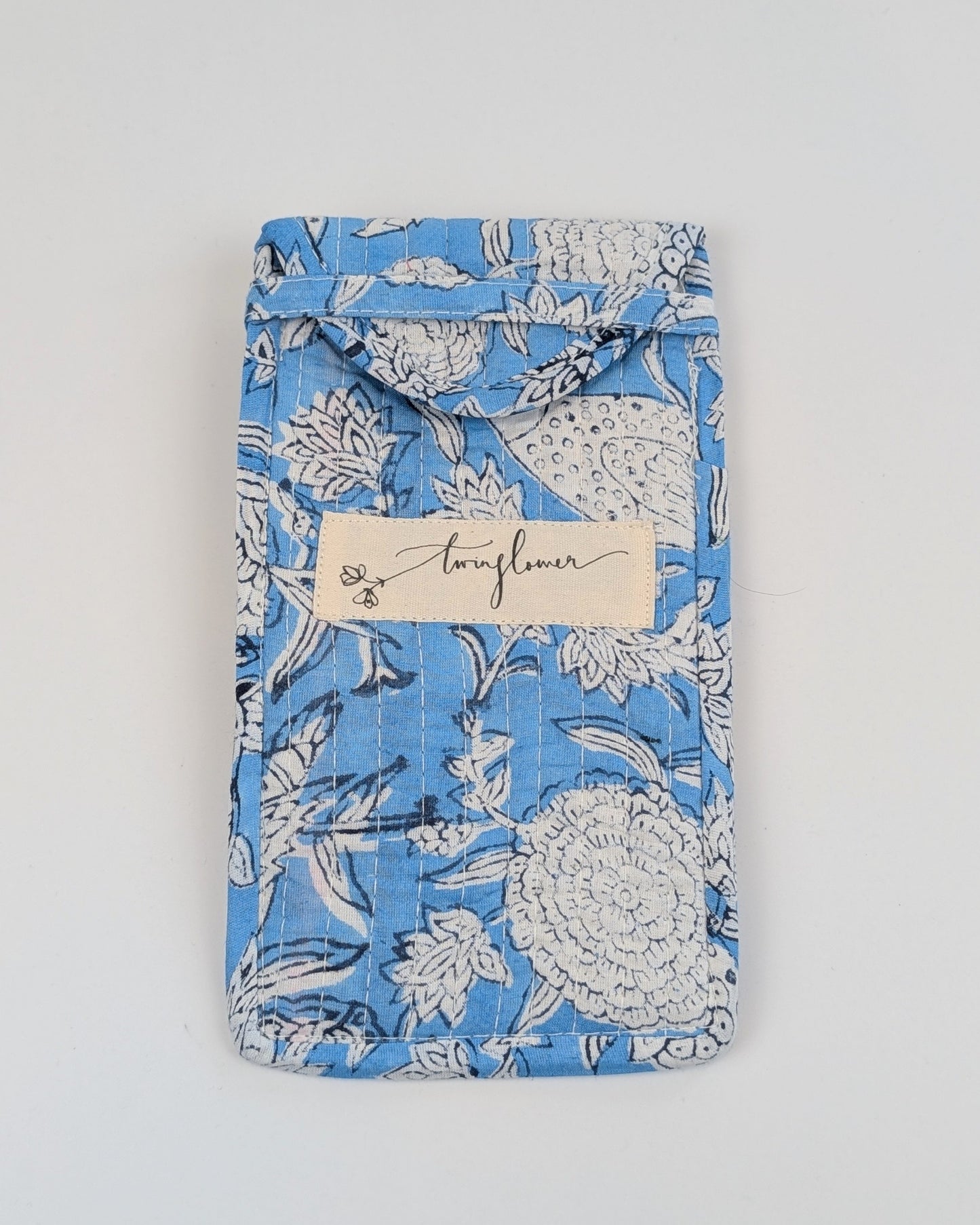 Twinflower Sky Blue Floral Block Print Quilted Glasses Case - Precious Sparkle