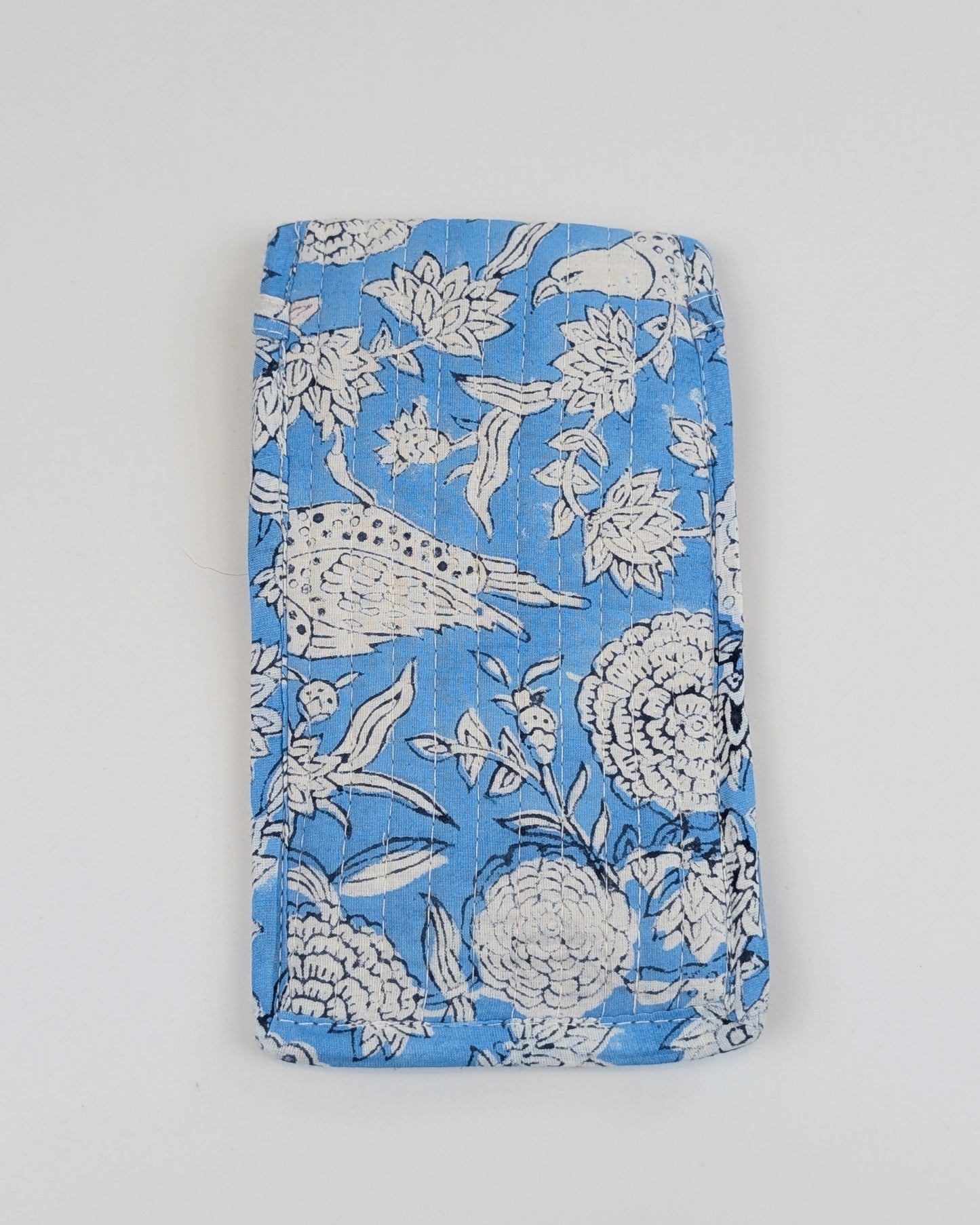 Twinflower Sky Blue Floral Block Print Quilted Glasses Case - Precious Sparkle