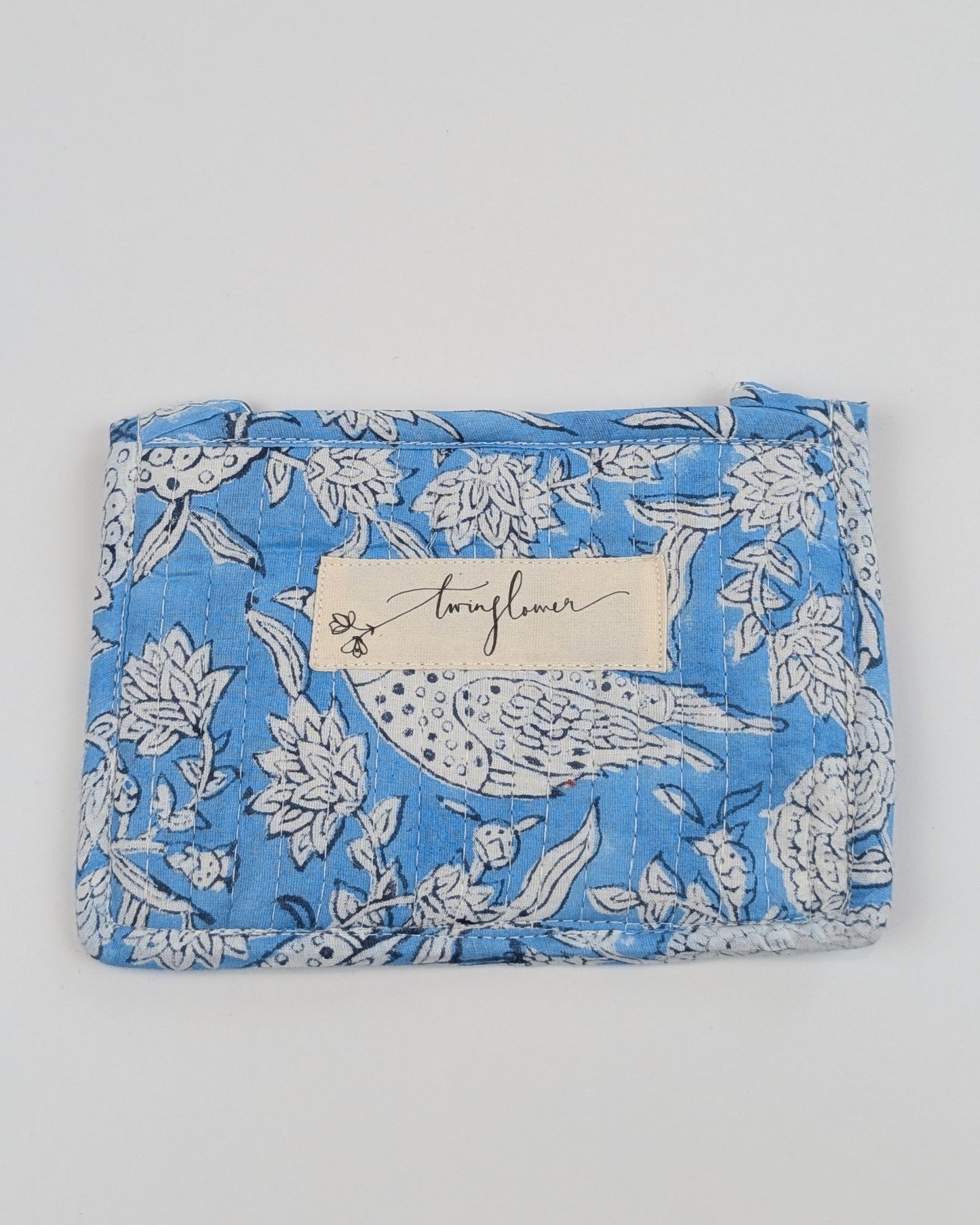 Twinflower Sky Blue Floral Block Print Quilted Small Pouch Purse - Precious Sparkle