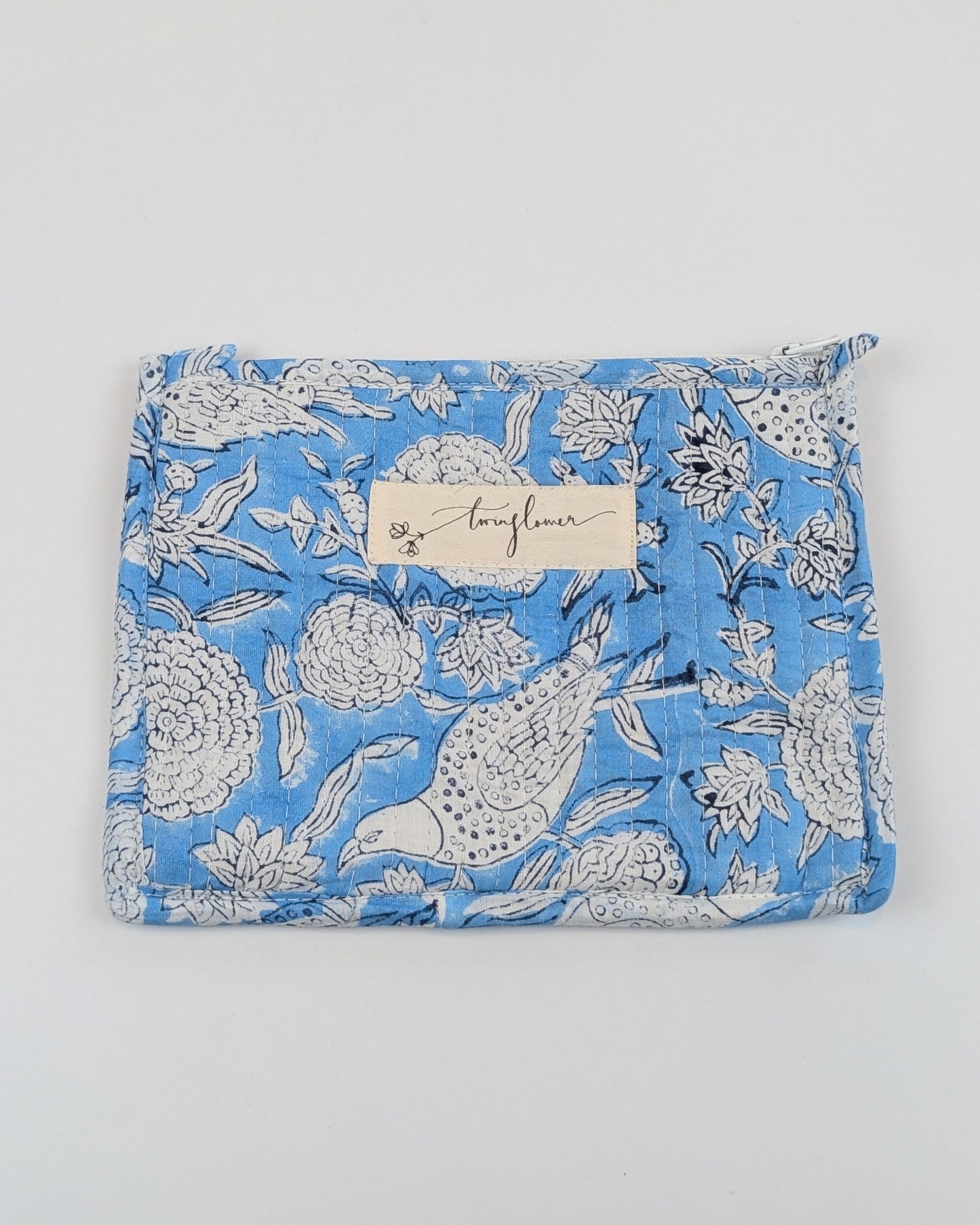 Twinflower Sky Blue Floral Block Print Quilted Medium Pouch Purse - Precious Sparkle