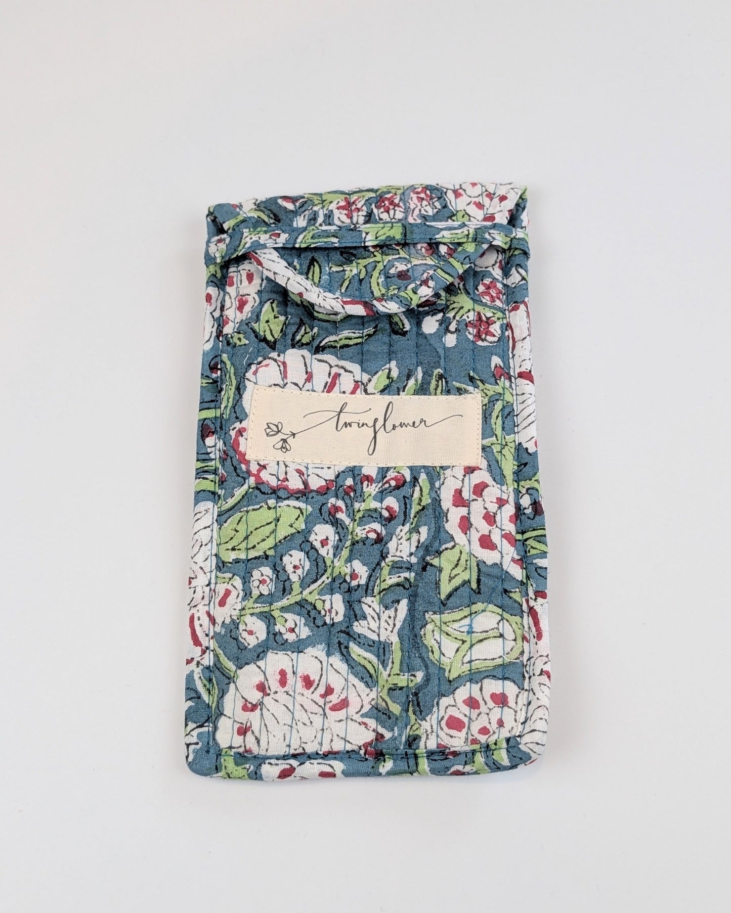 Twinflower Teal Floral Block Print Quilted Glasses Case
