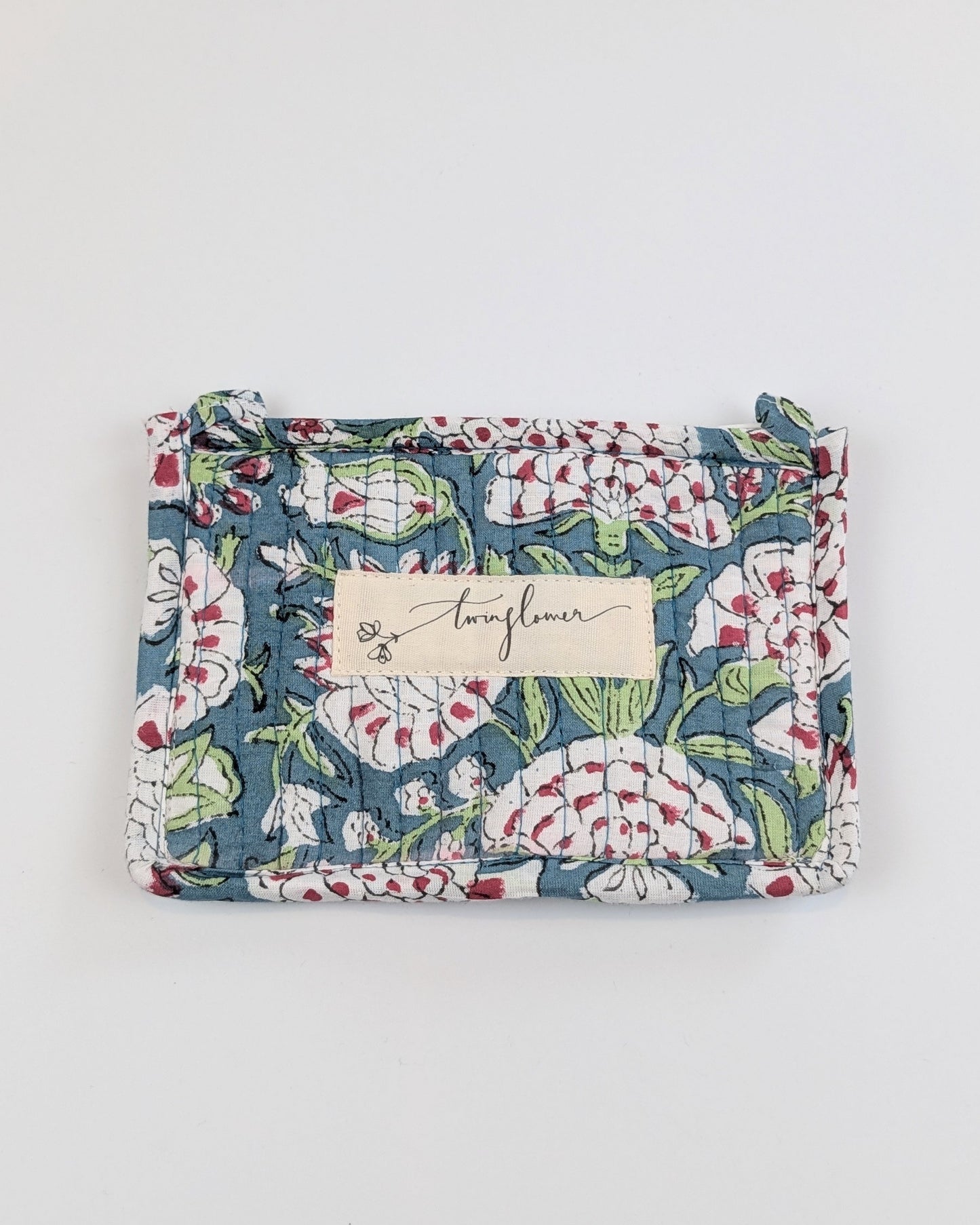 Twinflower Teal Floral Block Print Quilted Small Pouch Purse