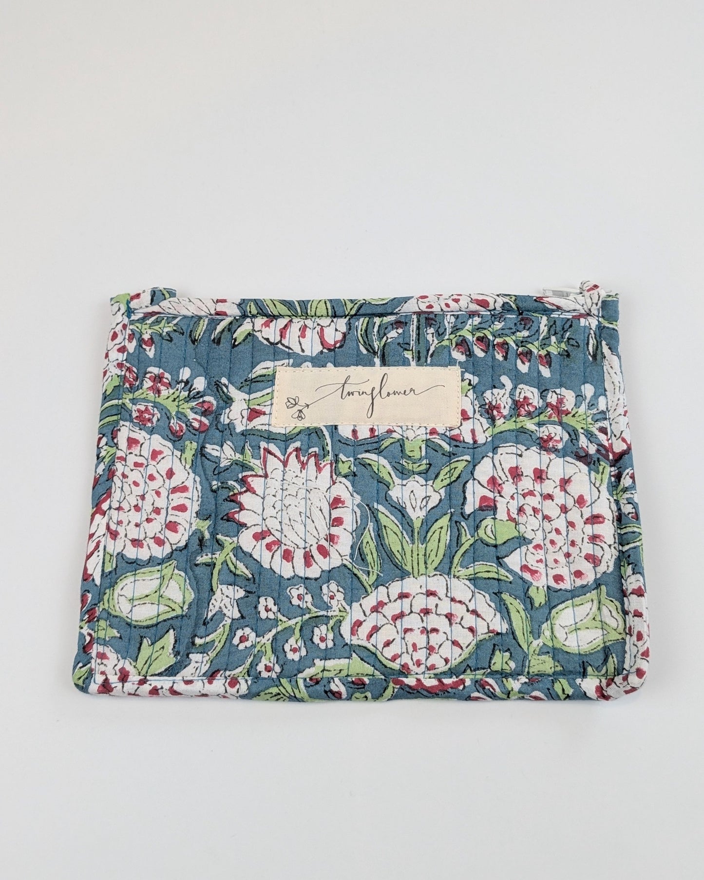 Twinflower Teal Floral Block Print Quilted Medium Pouch Purse