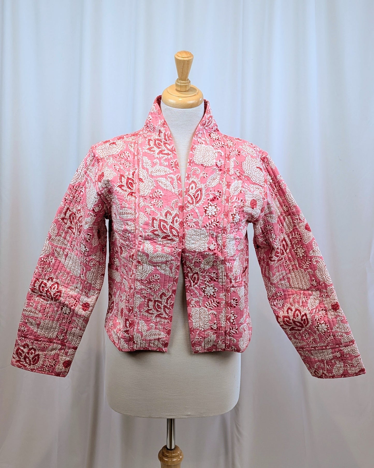 Twinflower Reversible Quilted Kimono Jacket in Pink Floral Block Print
