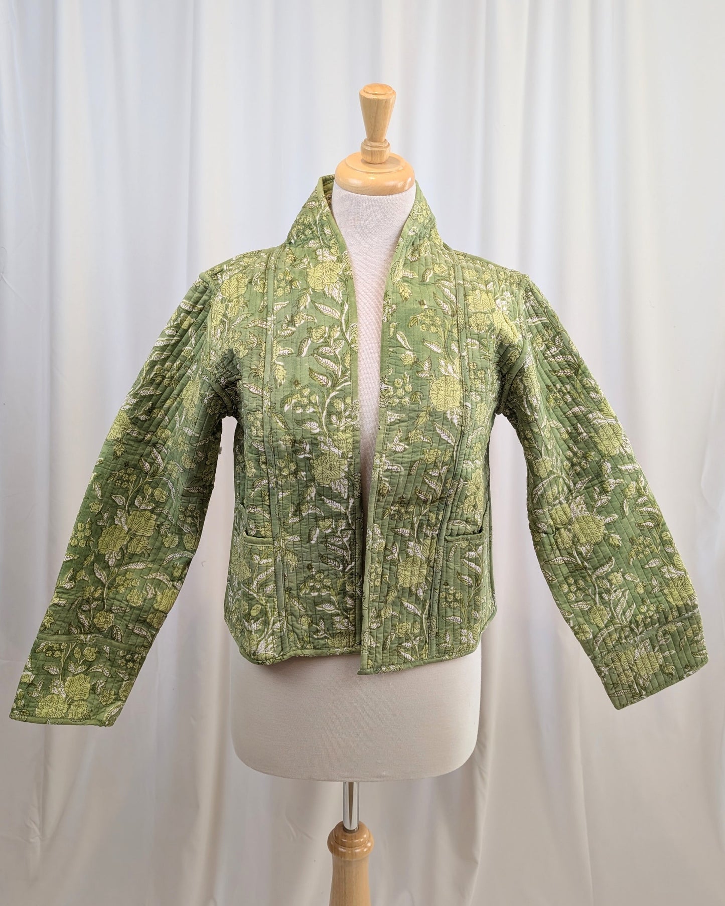 Twinflower Reversible Quilted Kimono Jacket Green Floral Block Print