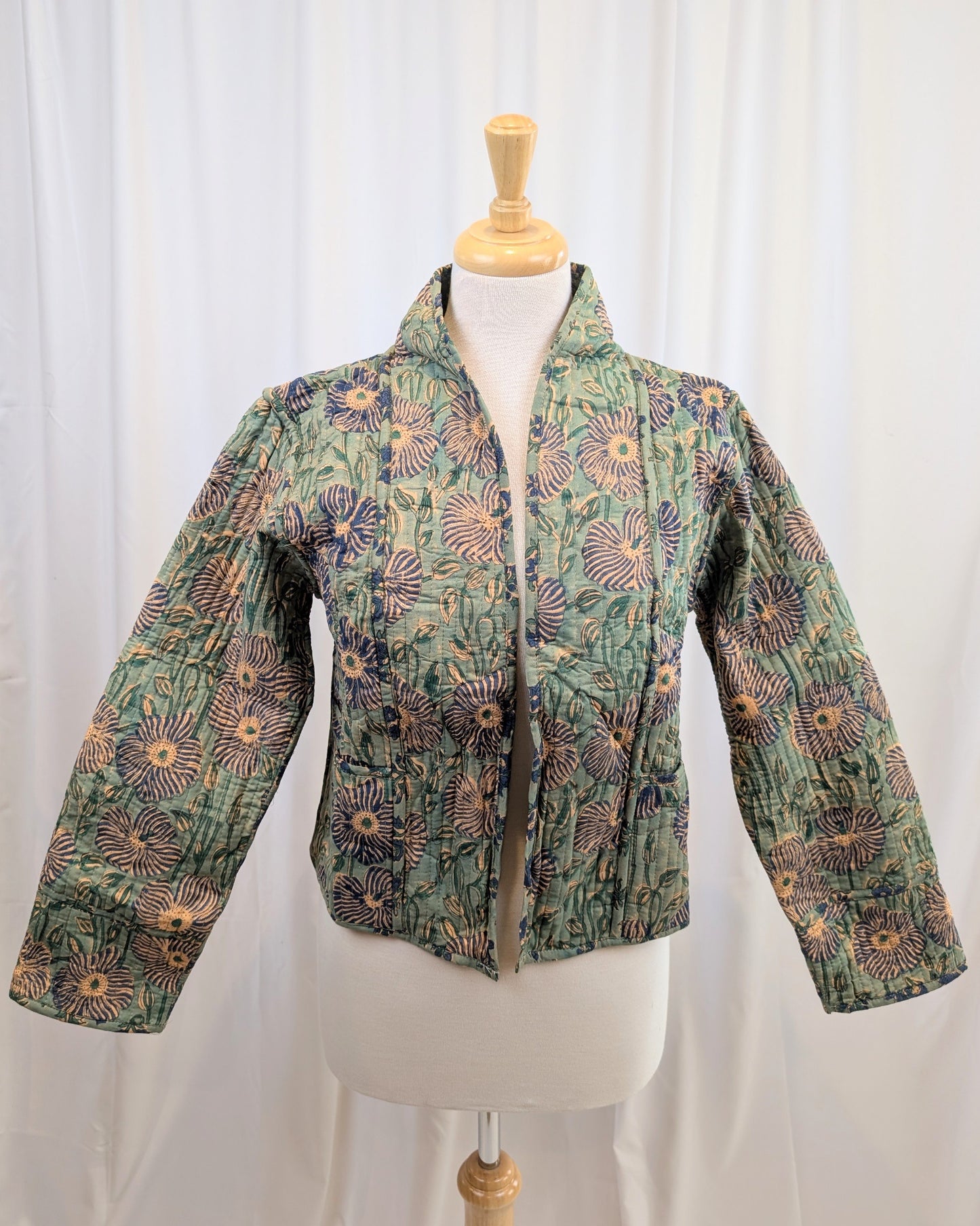Twinflower Reversible Quilted Kimono Jacket in Aqua Floral Block Print
