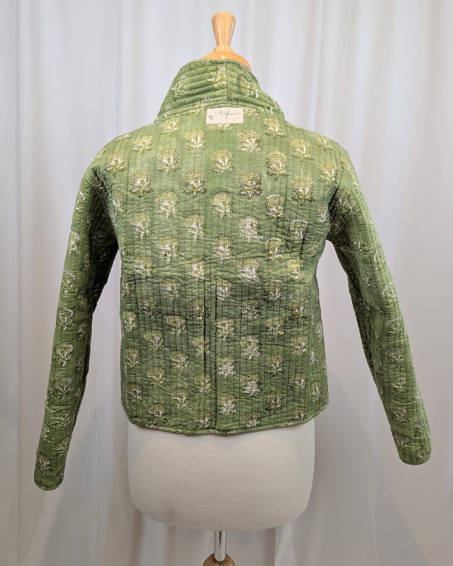 Twinflower Reversible Quilted Kimono Jacket Green Floral Block Print - Precious Sparkle