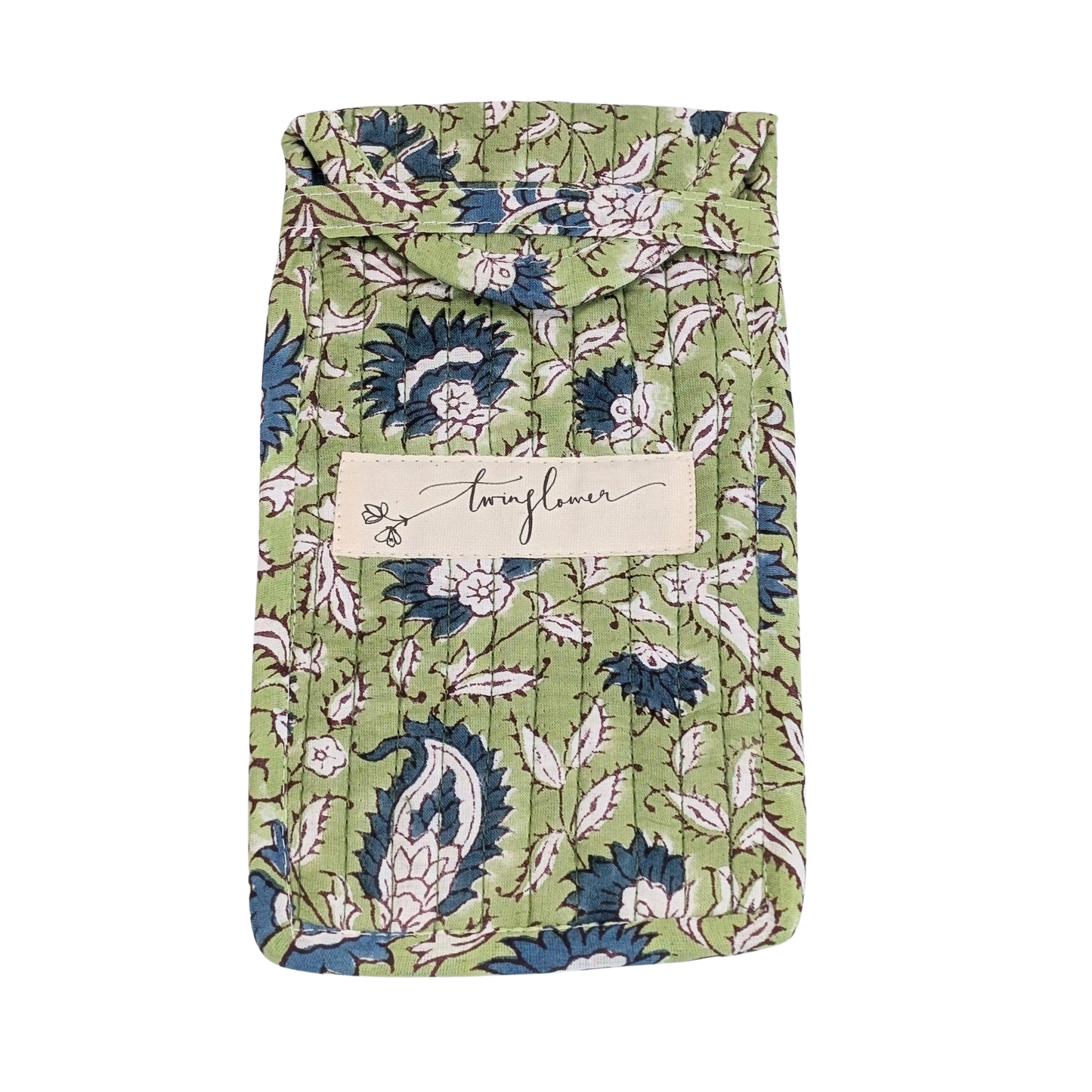 Twinflower Light Green Block Print Quilted Glasses Case - Precious Sparkle