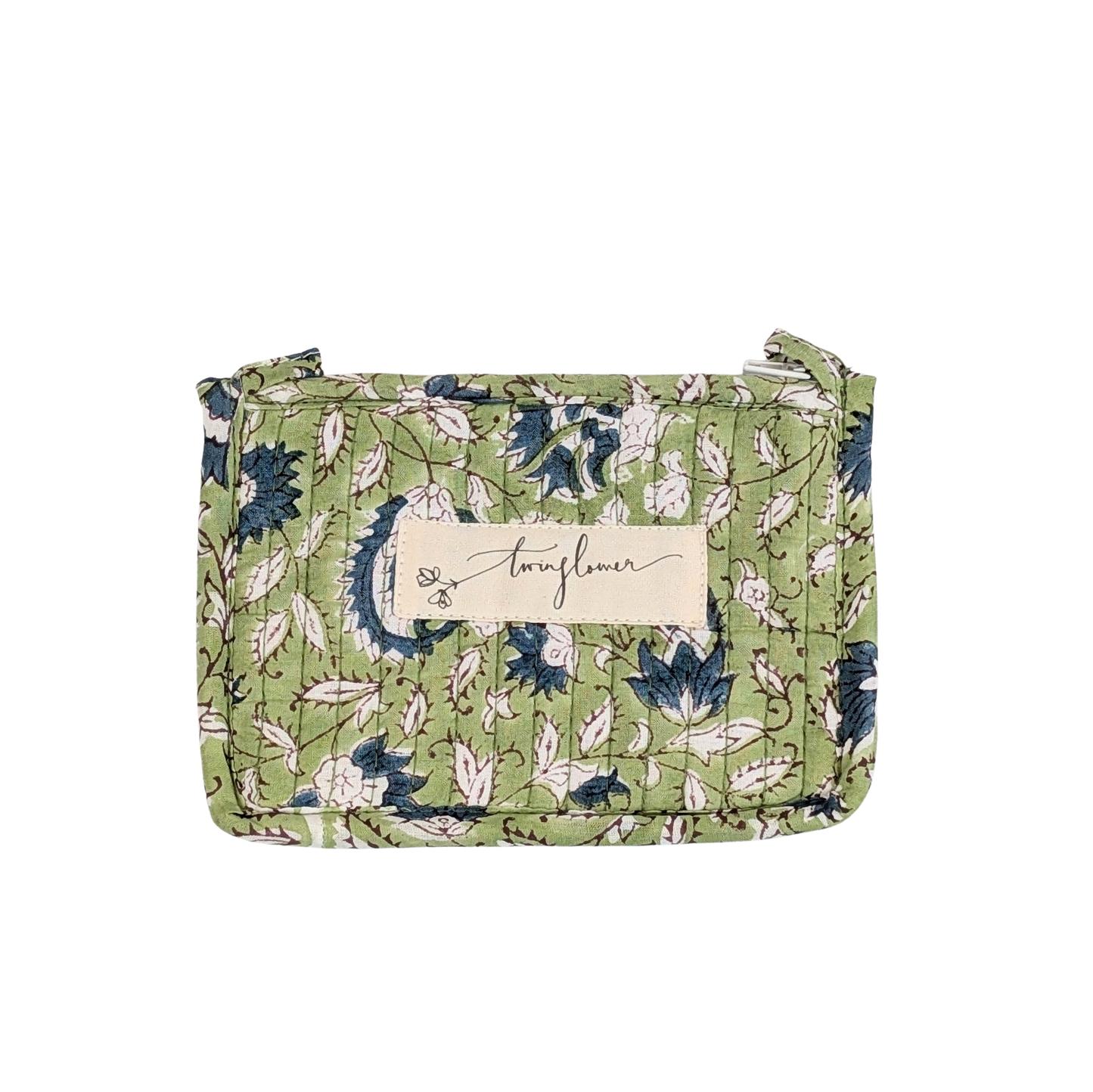 Twinflower Light Green Floral Block Print Quilted Small Pouch Purse - Precious Sparkle