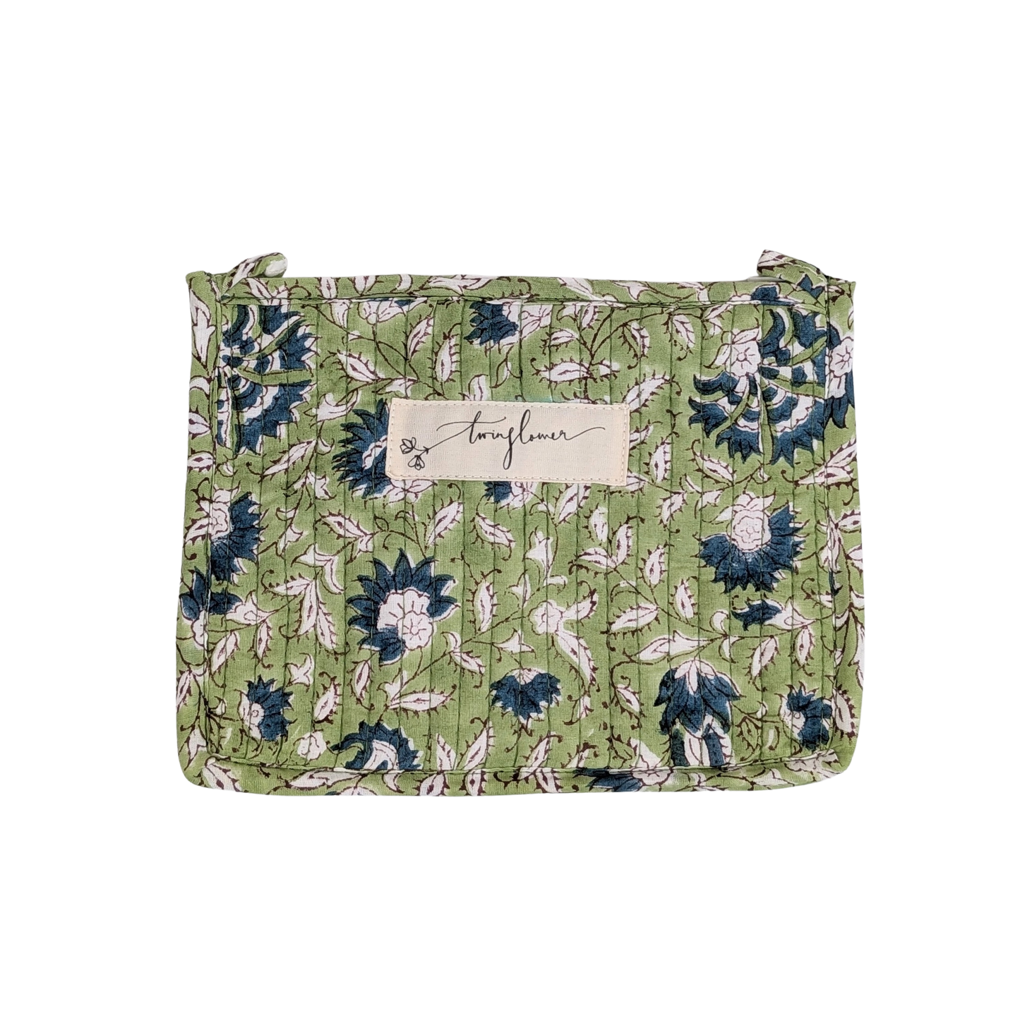 Twinflower Light Green Floral Block Print Quilted Medium Pouch Purse - Precious Sparkle
