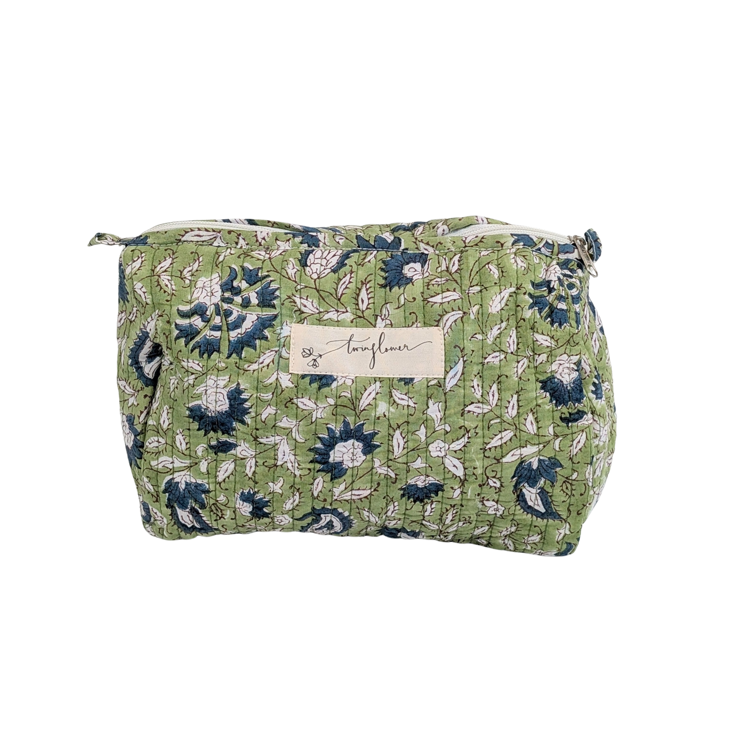Twinflower Light Green Floral Block Print Quilted Large Washbag - Precious Sparkle